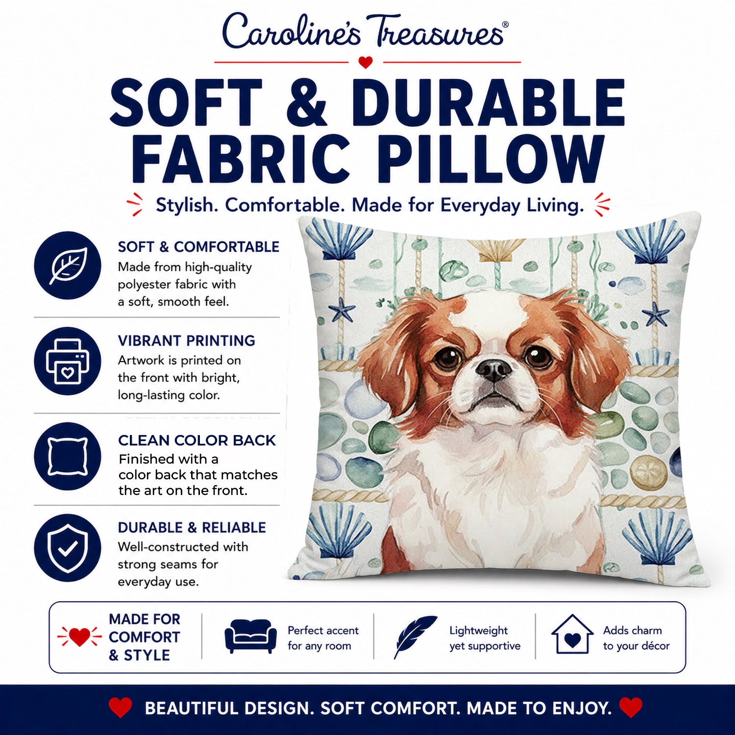 Red and White Japanese Chin Coastal Sea Glass Decorative Throw Pillow 14x14 Indoor Outdoor Accent Cushion, Fabric Cover with Insert for Sofa, Bed, Porch & Living Room