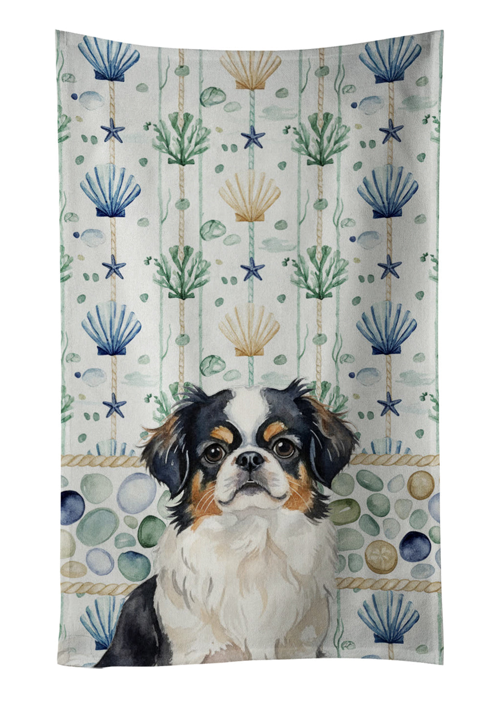 Tricolor Japanese Chin Coastal Sea Glass Kitchen Towel Velour Plush Front and Cotton Loop Back Machine Washable