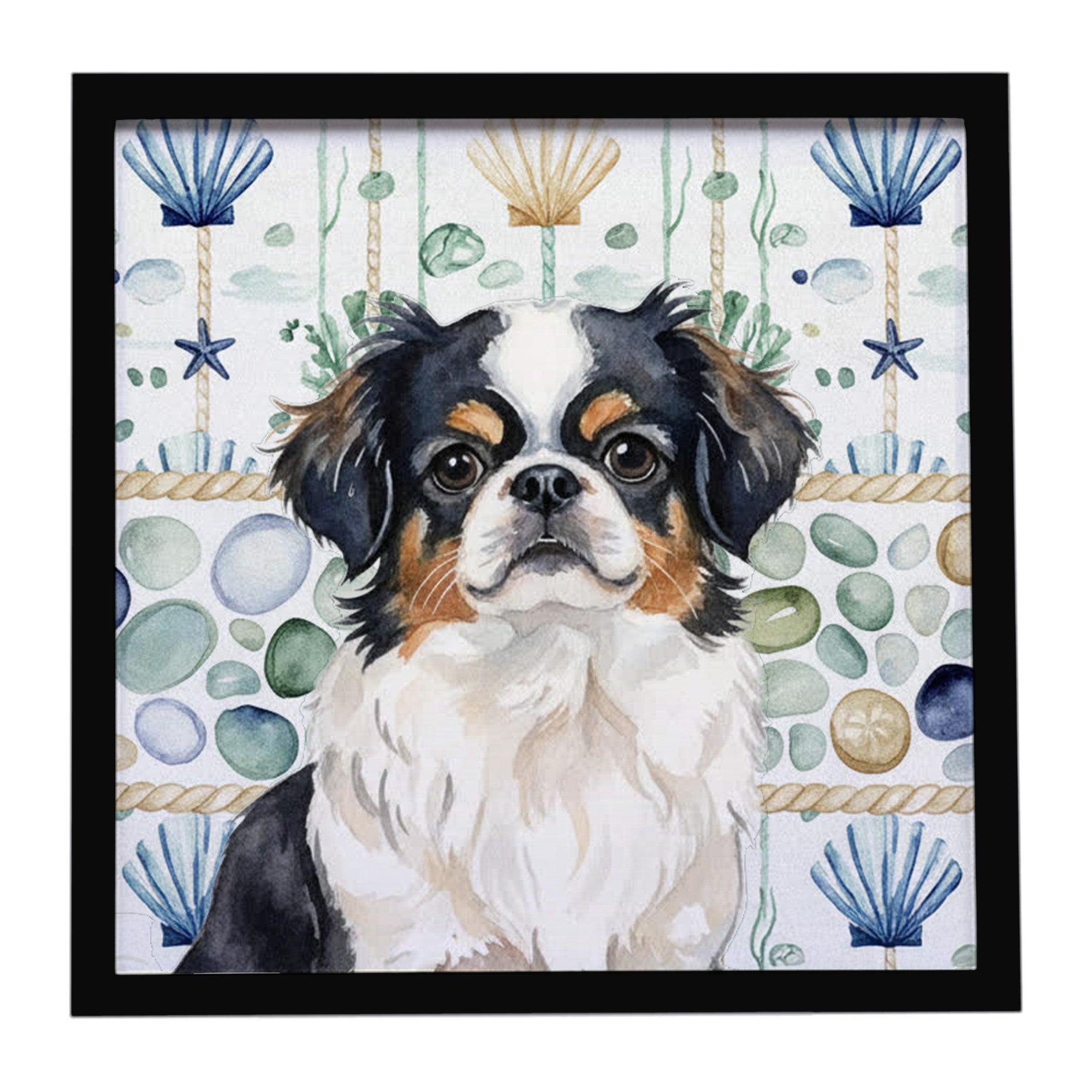 Tricolor Japanese Chin Coastal Sea Glass Framed Metal Print Bathroom, Kitchen, Office, Home Decor Wall Art Ready to Hang, Square, 8X8