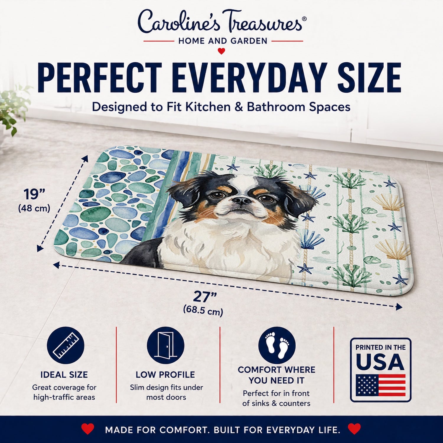 Tricolor Japanese Chin Coastal Sea Glass Memory Foam Kitchen Mat Machine Washable Anti-Fatigue Cushion Comfort Bath or Kitchen Rug