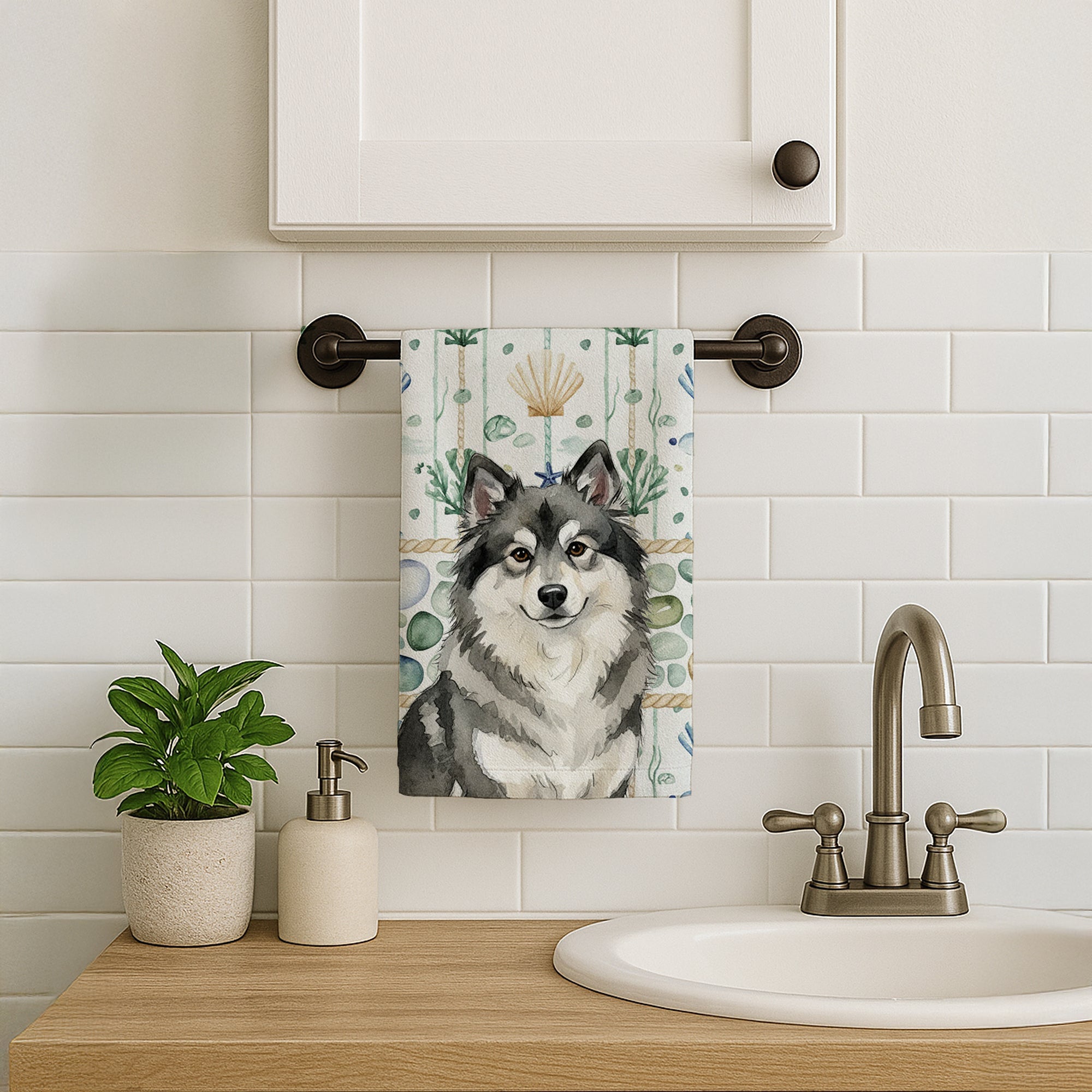 Keeshond Coastal Sea Glass Kitchen Towel Velour Plush Front and Cotton Loop Back Machine Washable