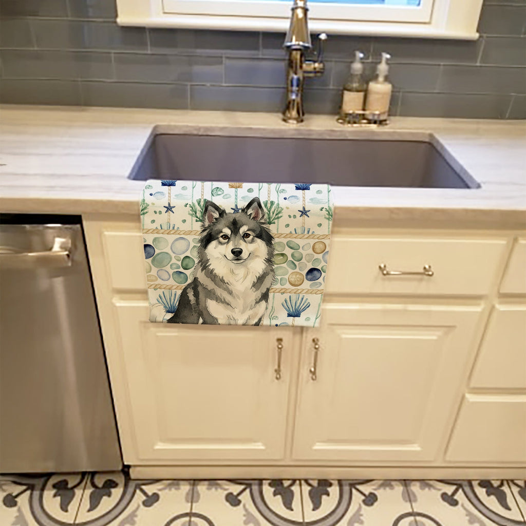 Keeshond Coastal Sea Glass Kitchen Towel Velour Plush Front and Cotton Loop Back Machine Washable