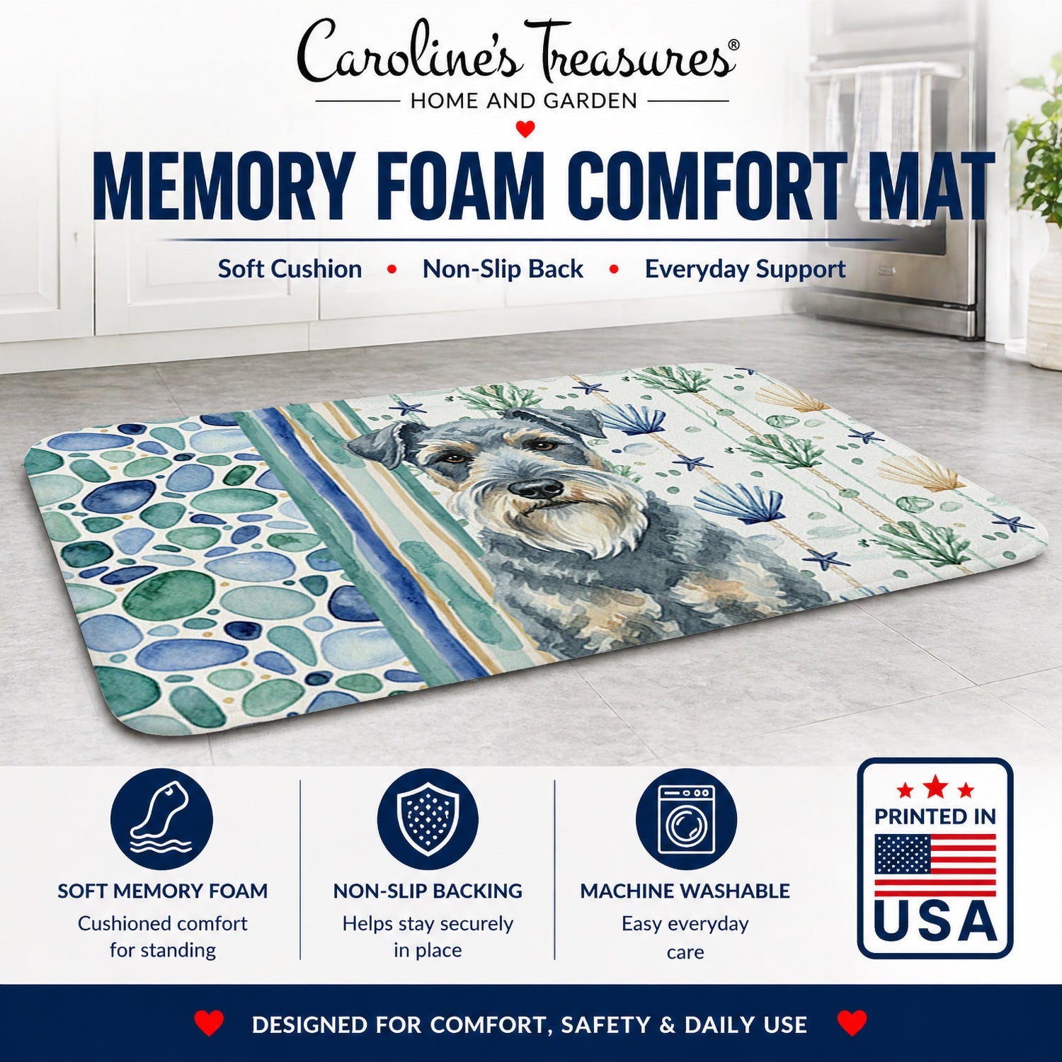 Kerry Blue Terrier Coastal Sea Glass Memory Foam Kitchen Mat Machine Washable Anti-Fatigue Cushion Comfort Bath or Kitchen Rug