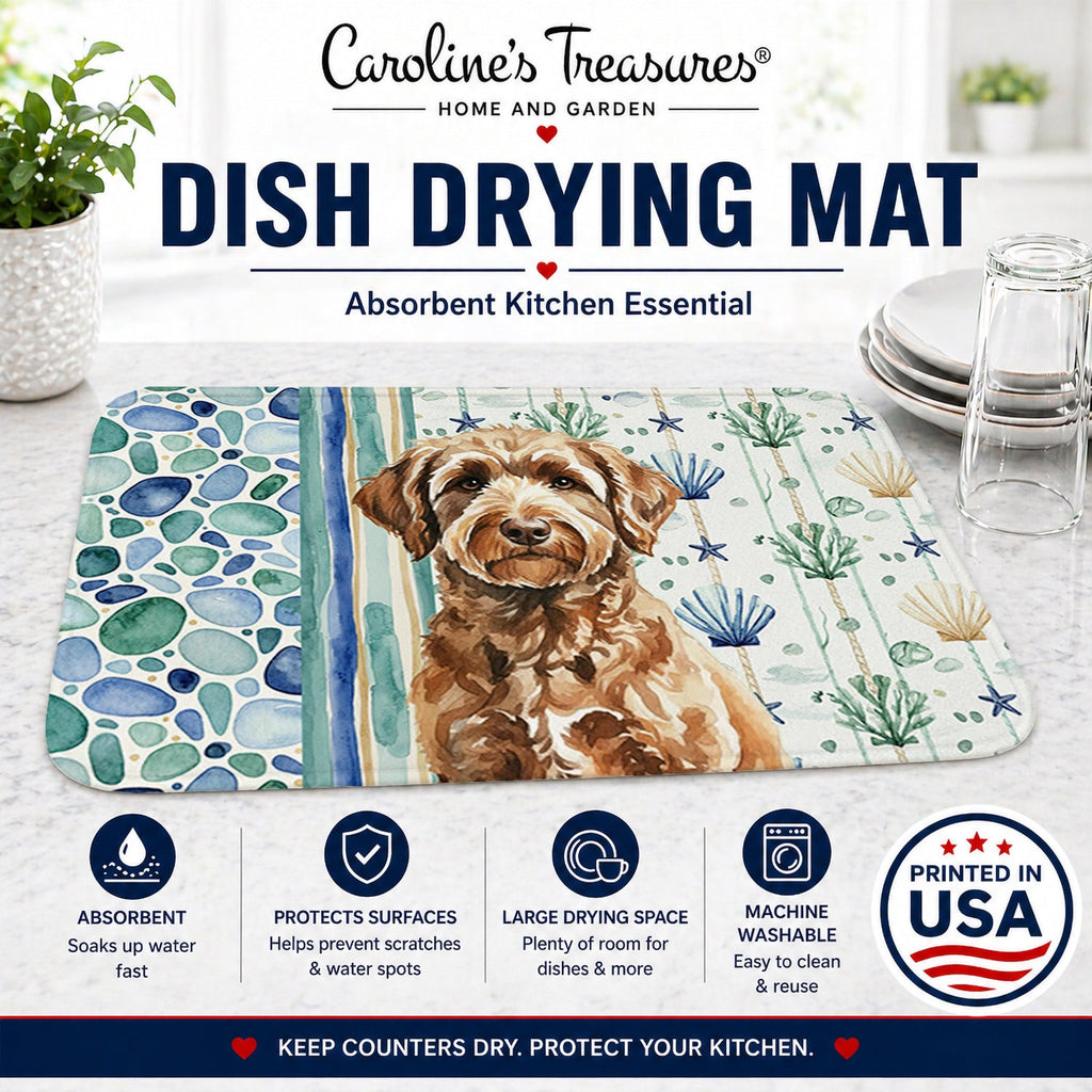 Chocolate Labradoodle Coastal Sea Glass Dish Drying Mat Absorbent Dish Drying Mat Pad for Kitchen Counter Dish Drainer Mat for Countertop, 14 x 21", Multicolor