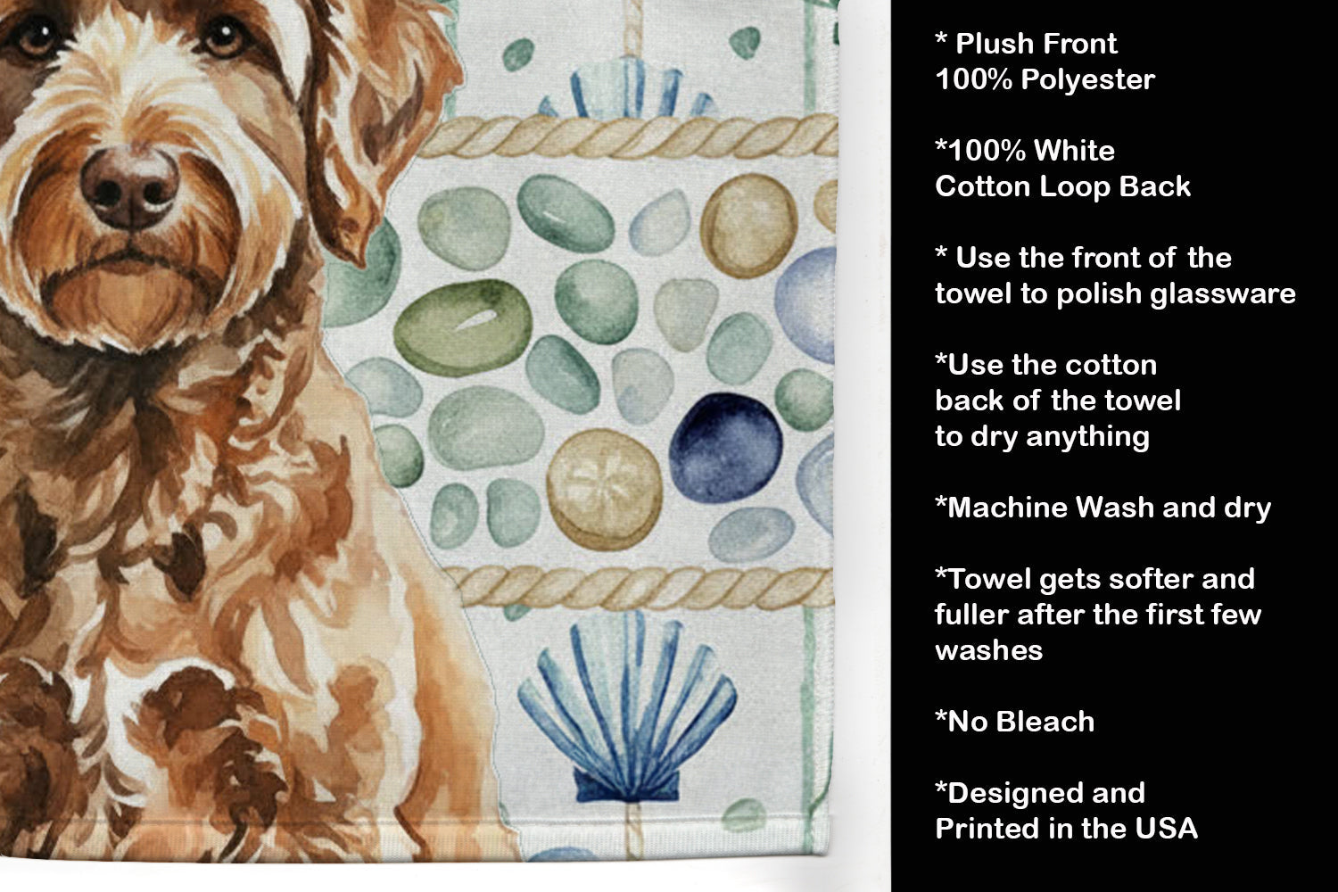 Chocolate Labradoodle Coastal Sea Glass Kitchen Towel Velour Plush Front and Cotton Loop Back Machine Washable