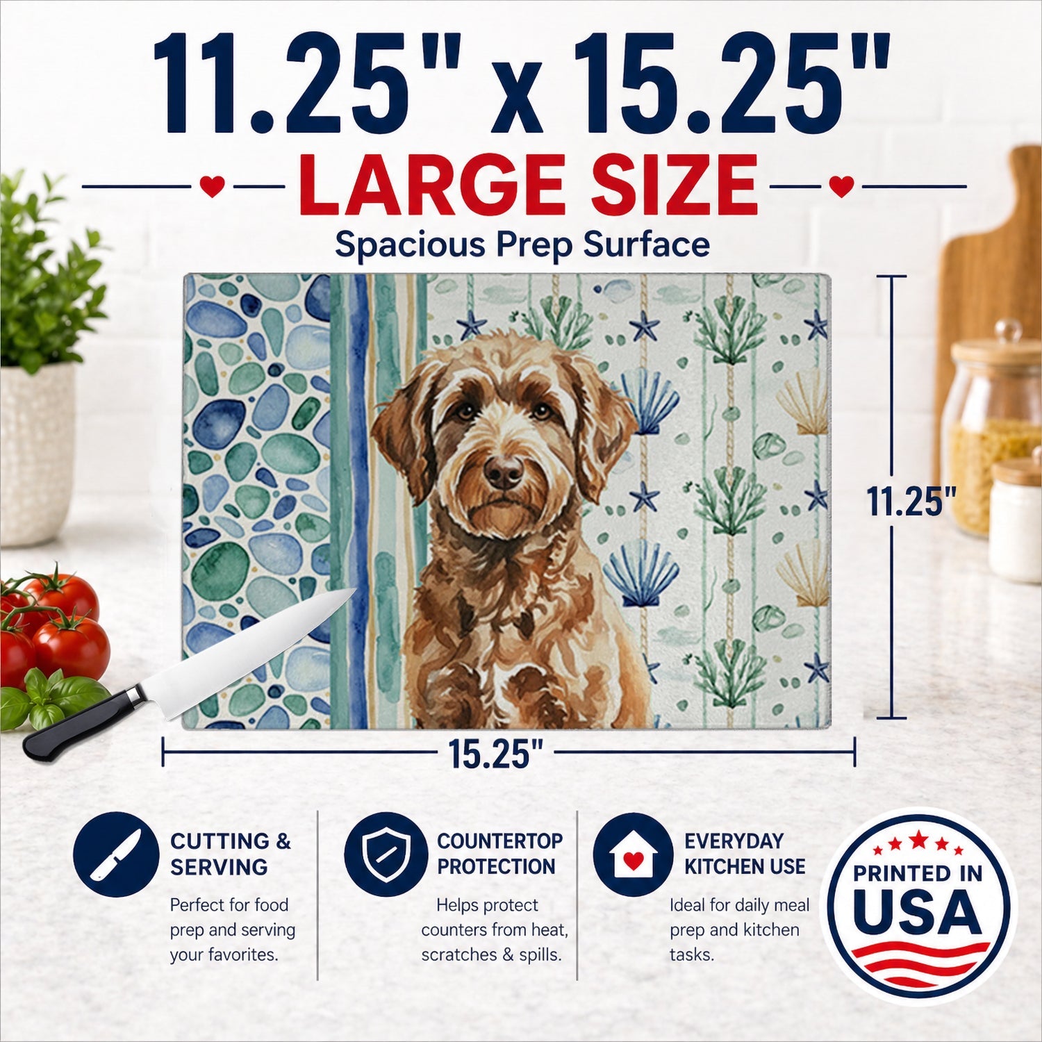 Chocolate Labradoodle Coastal Sea Glass Cutting Board Tempered Glass Kitchen Cutting Surface, Heat Resistant Chopping, Non-Slip Feet, Food Prep & Serving