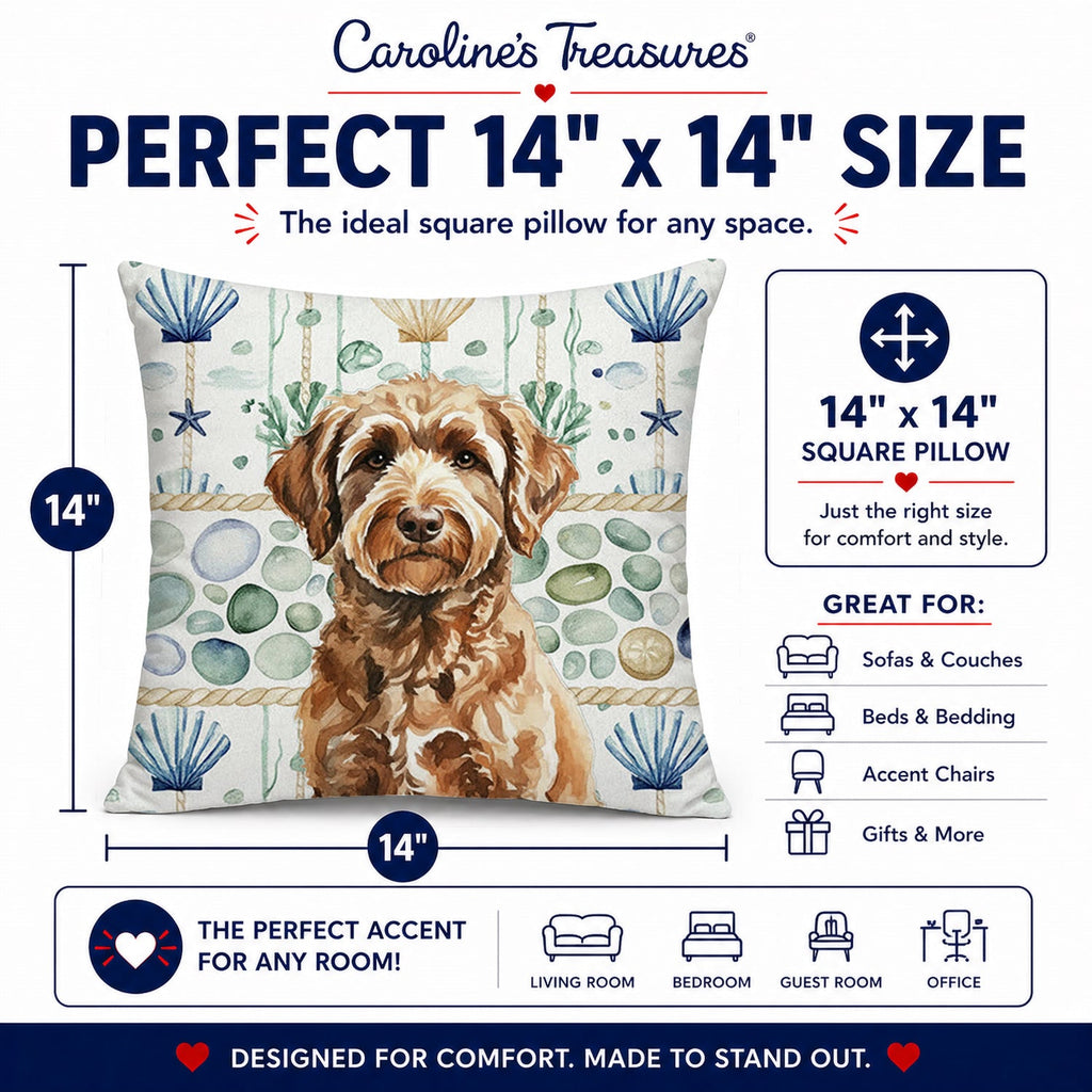 Chocolate Labradoodle Coastal Sea Glass Decorative Throw Pillow 14x14 Indoor Outdoor Accent Cushion, Fabric Cover with Insert for Sofa, Bed, Porch & Living Room