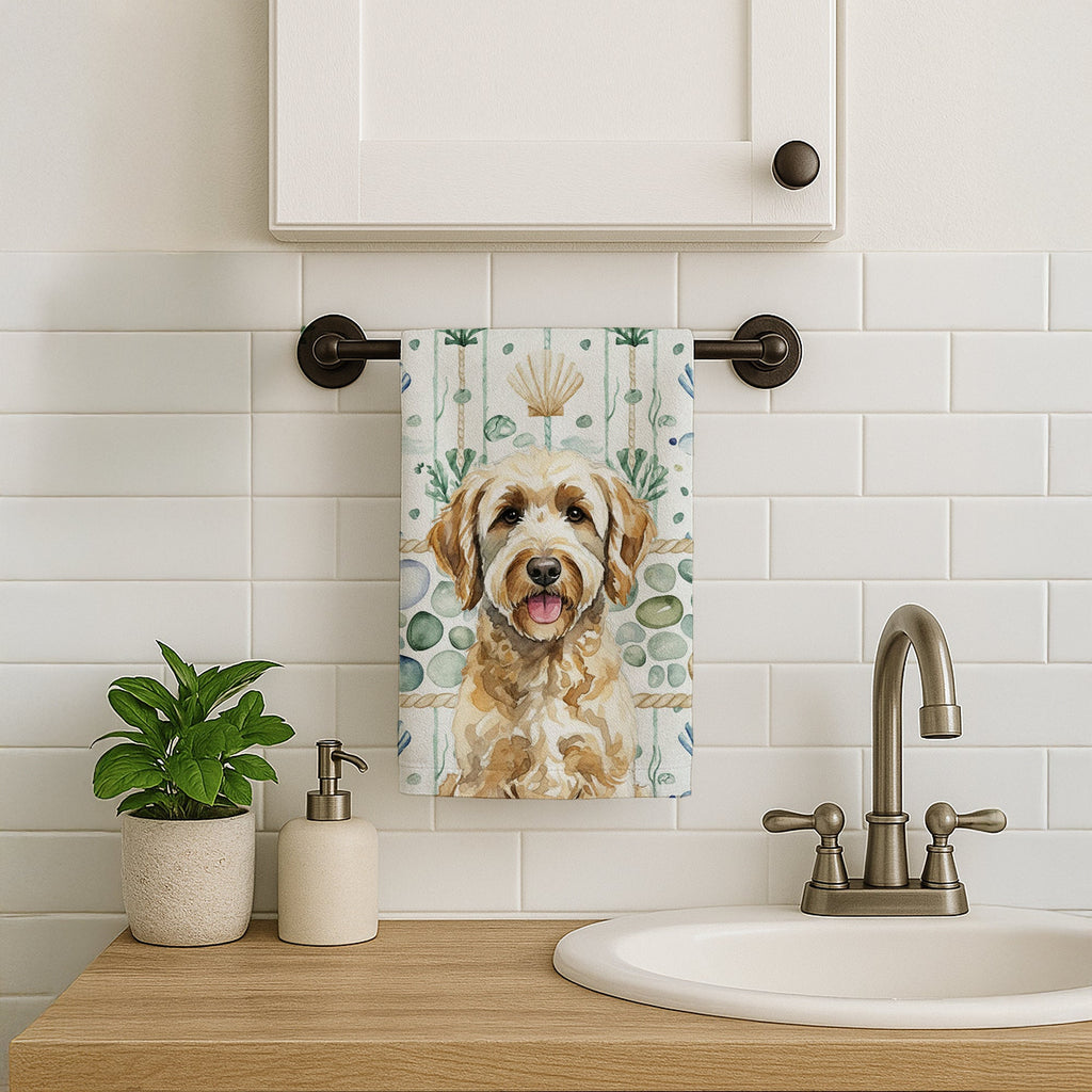 Yellow Labradoodle Coastal Sea Glass Kitchen Towel Velour Plush Front and Cotton Loop Back Machine Washable