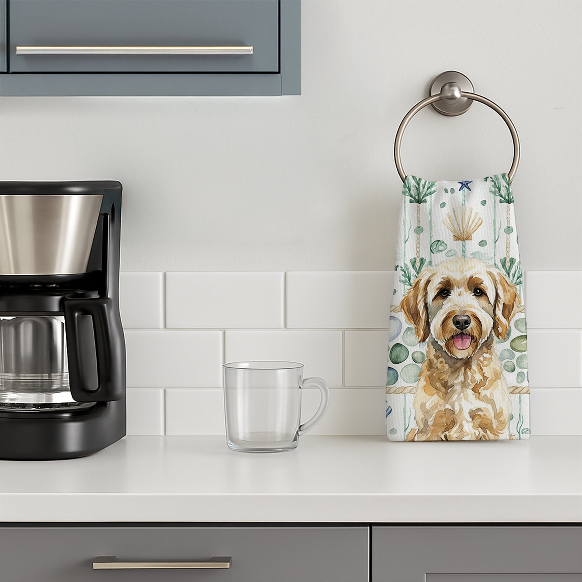 Yellow Labradoodle Coastal Sea Glass Kitchen Towel Velour Plush Front and Cotton Loop Back Machine Washable