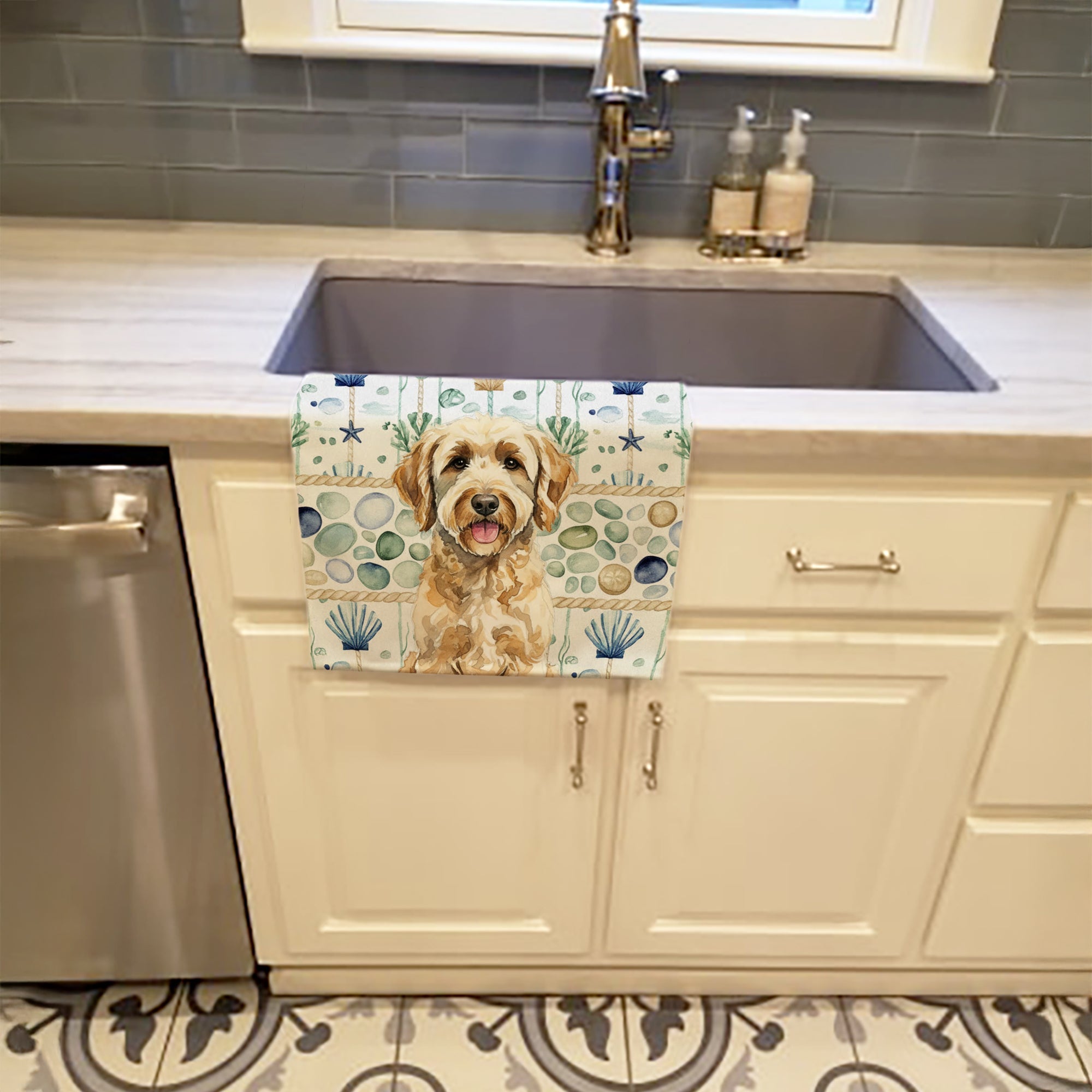 Yellow Labradoodle Coastal Sea Glass Kitchen Towel Velour Plush Front and Cotton Loop Back Machine Washable
