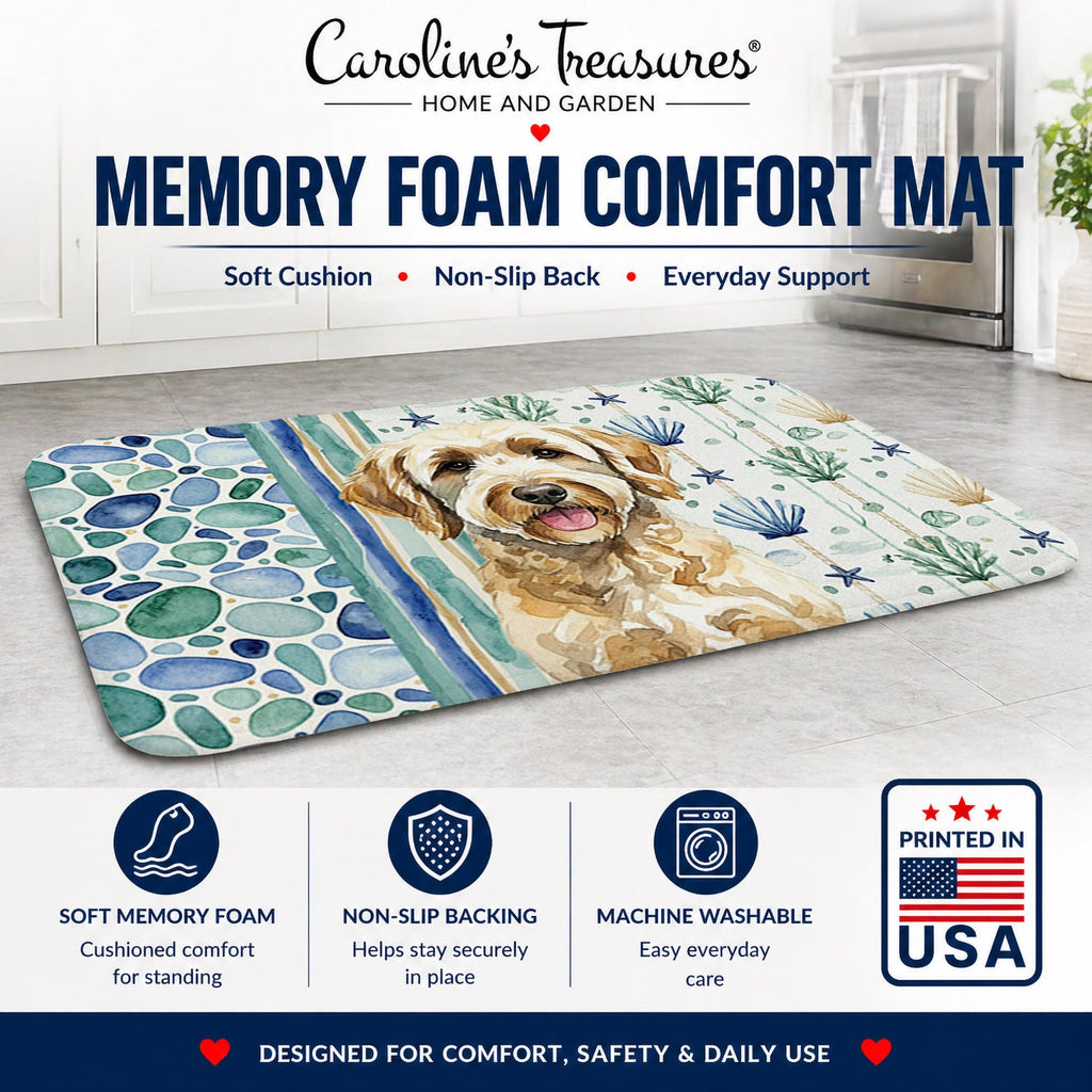 Yellow Labradoodle Coastal Sea Glass Memory Foam Kitchen Mat Machine Washable Anti-Fatigue Cushion Comfort Bath or Kitchen Rug