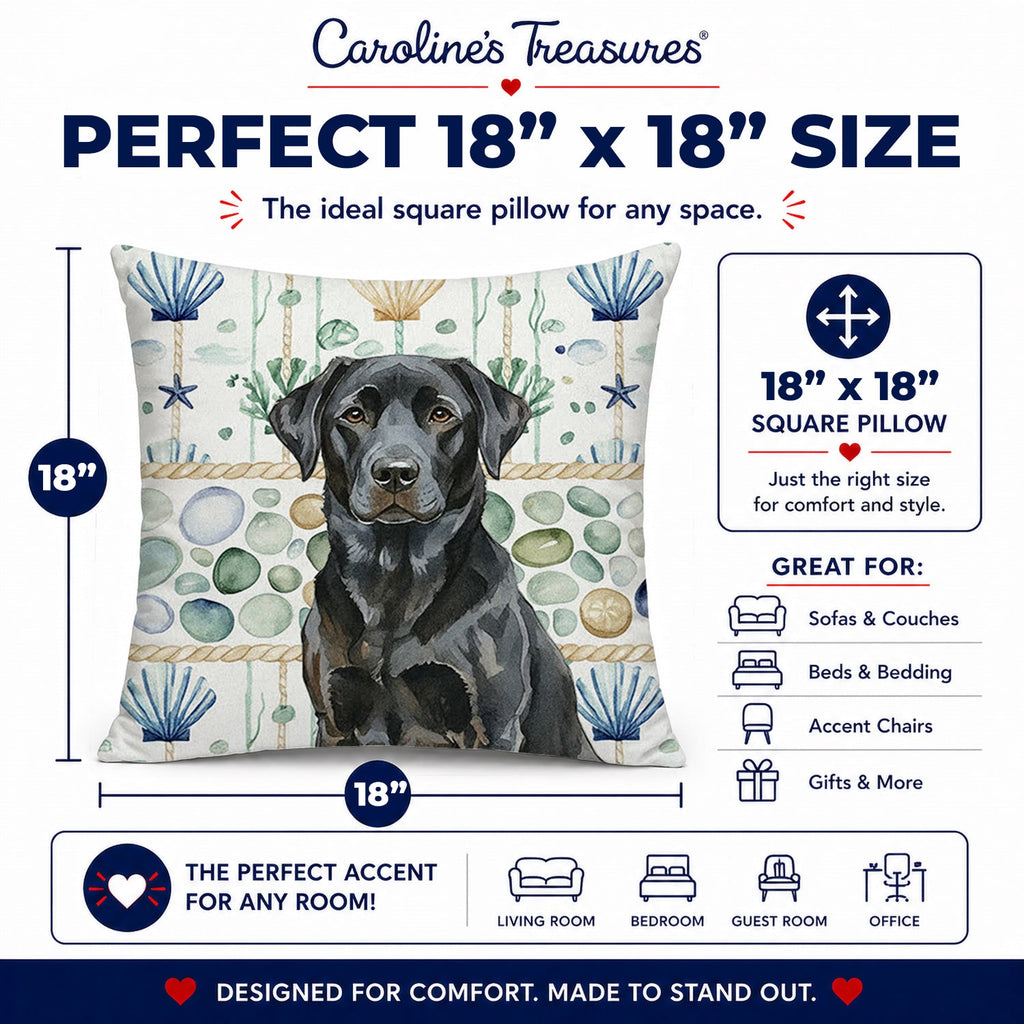 Black Labrador Retriever Coastal Sea Glass Decorative Throw Pillow 18x18 Indoor Outdoor Accent Cushion, Fabric Cover with Insert for Sofa, Bed, Porch & Living Room