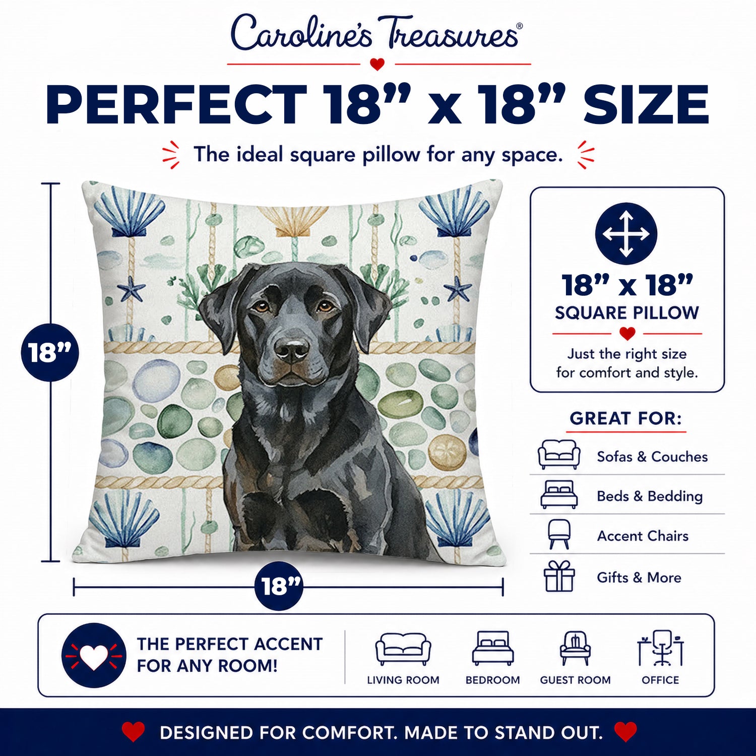 Black Labrador Retriever Coastal Sea Glass Decorative Throw Pillow 18x18 Indoor Outdoor Accent Cushion, Fabric Cover with Insert for Sofa, Bed, Porch & Living Room