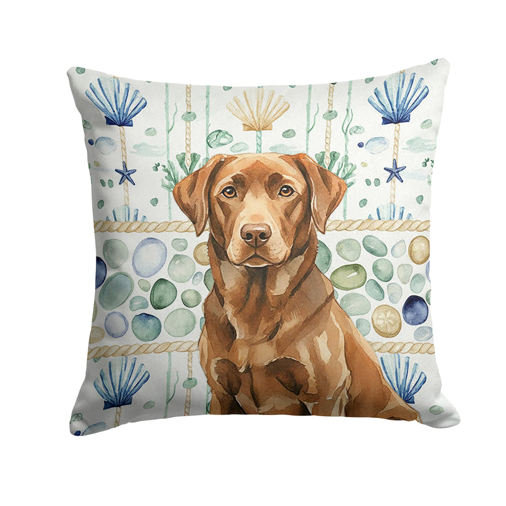 Chocolate Labrador Retriever Coastal Sea Glass Decorative Throw Pillow 14x14 Indoor Outdoor Accent Cushion, Fabric Cover with Insert for Sofa, Bed, Porch & Living Room