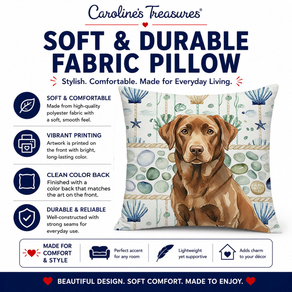 Chocolate Labrador Retriever Coastal Sea Glass Decorative Throw Pillow 18x18 Indoor Outdoor Accent Cushion, Fabric Cover with Insert for Sofa, Bed, Porch & Living Room