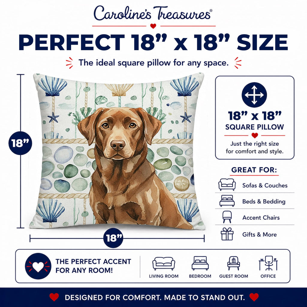 Chocolate Labrador Retriever Coastal Sea Glass Decorative Throw Pillow 18x18 Indoor Outdoor Accent Cushion, Fabric Cover with Insert for Sofa, Bed, Porch & Living Room