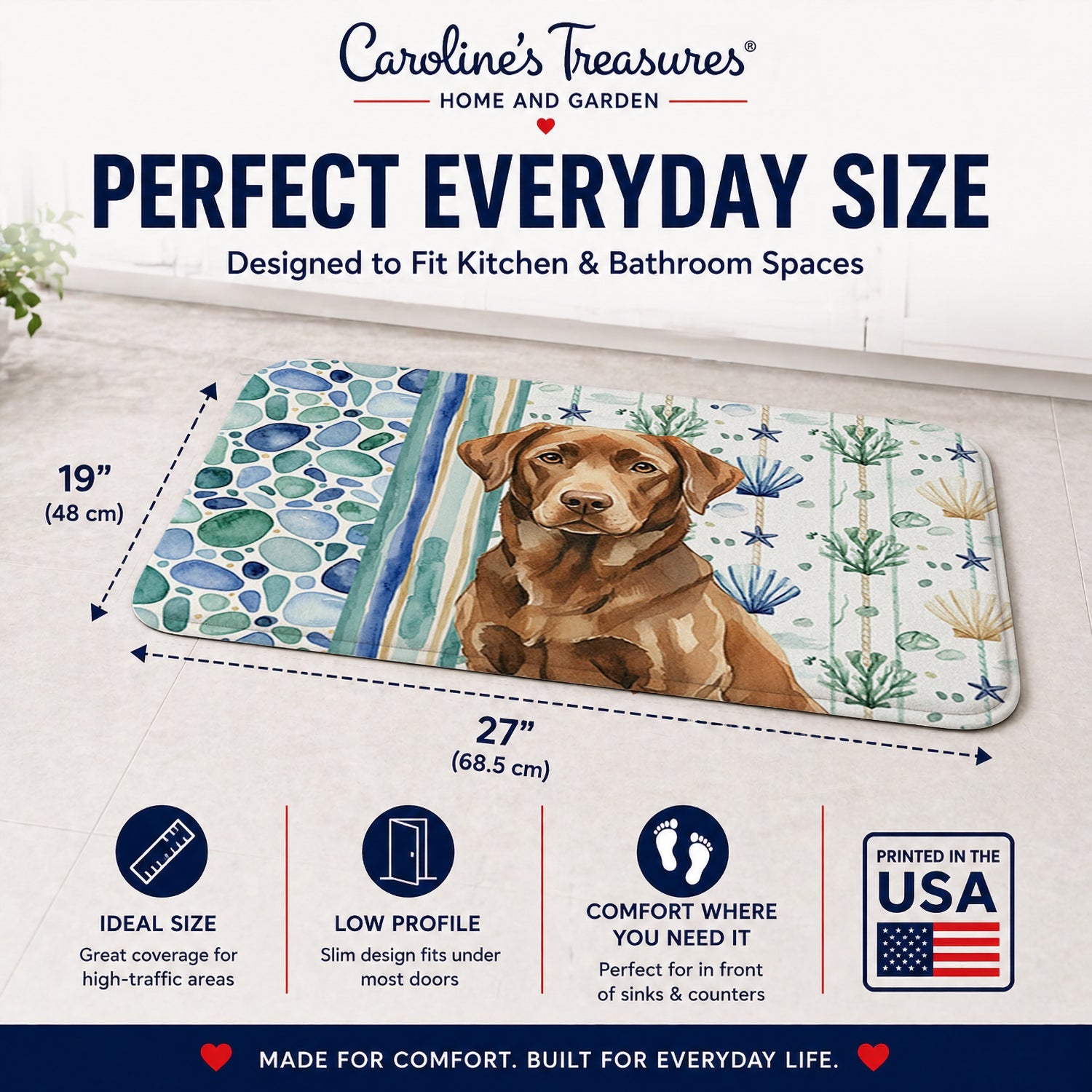 Chocolate Labrador Retriever Coastal Sea Glass Memory Foam Kitchen Mat Machine Washable Anti-Fatigue Cushion Comfort Bath or Kitchen Rug