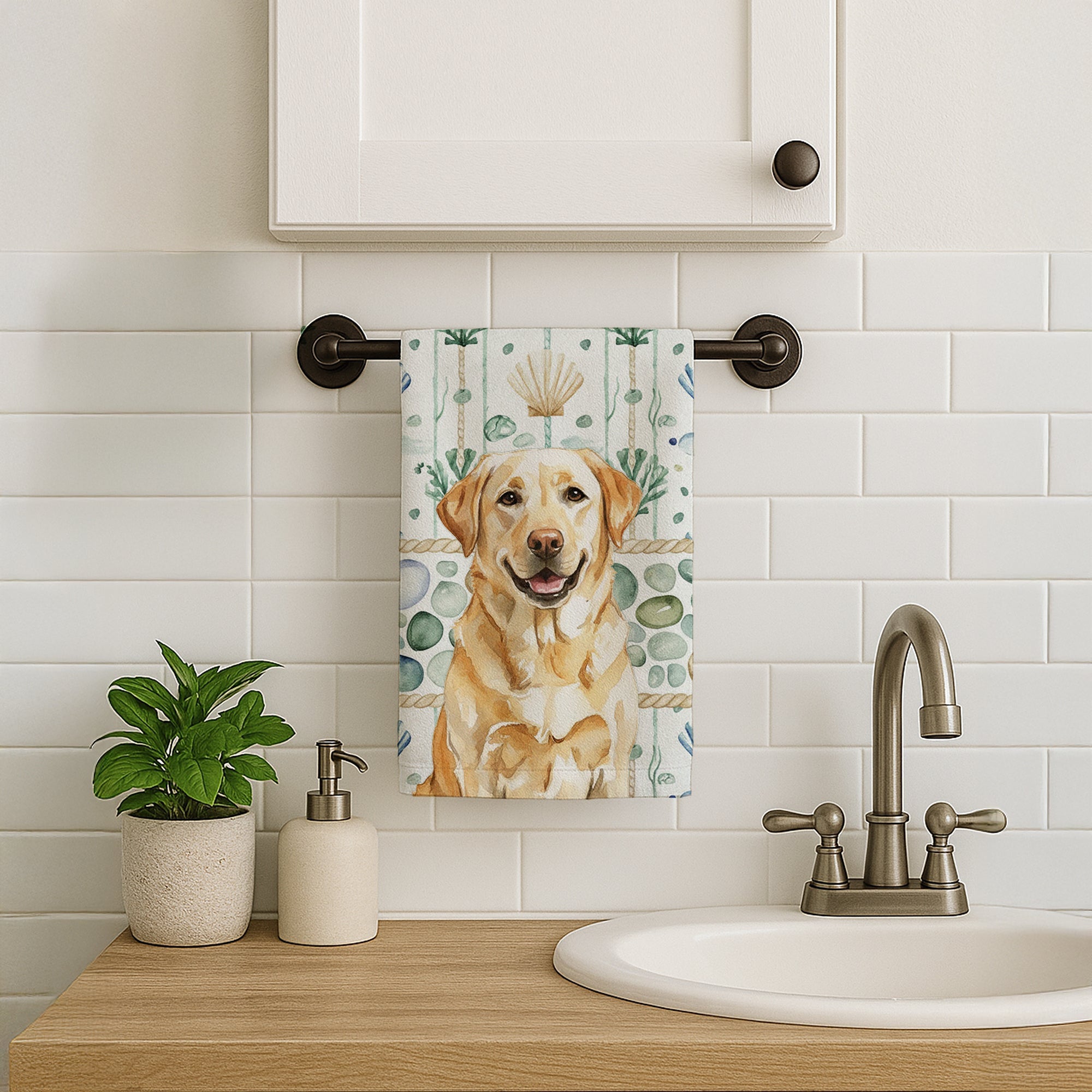 Yellow Labrador Retriever Coastal Sea Glass Kitchen Towel Velour Plush Front and Cotton Loop Back Machine Washable