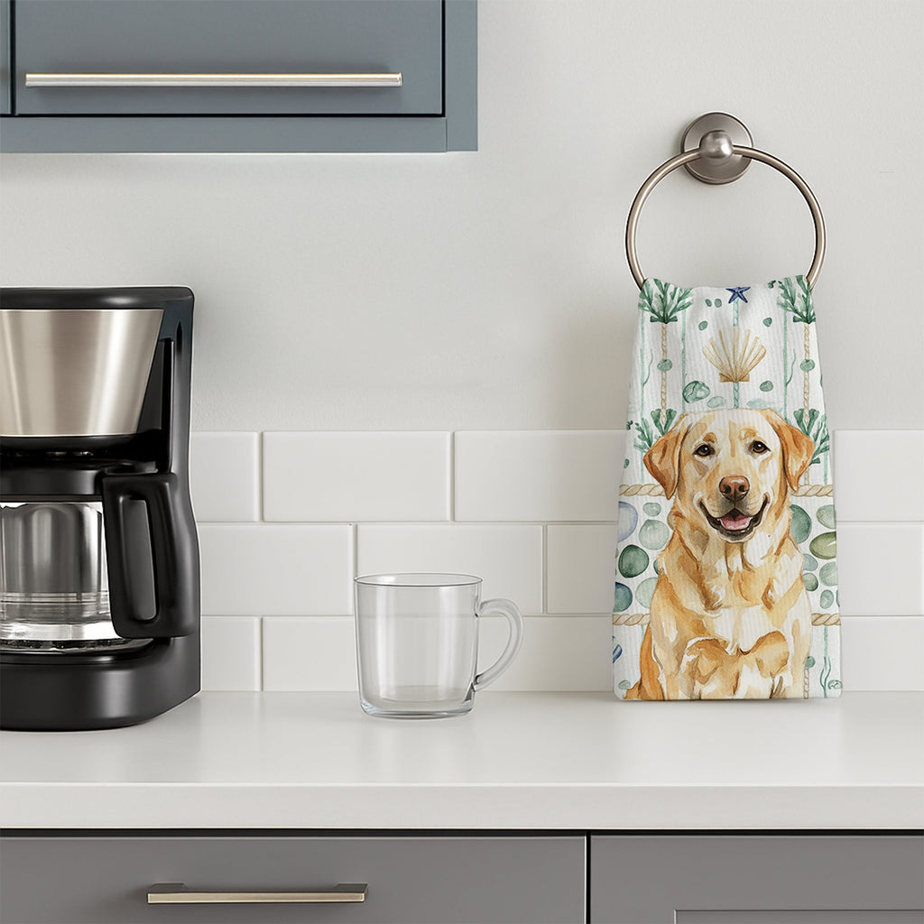 Yellow Labrador Retriever Coastal Sea Glass Kitchen Towel Velour Plush Front and Cotton Loop Back Machine Washable