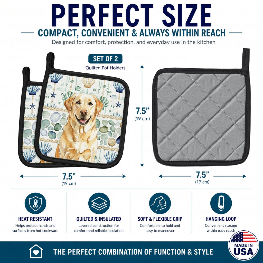 Yellow Labrador Retriever Coastal Sea Glass Pot Holder Set of 2 Heat Resistant Quilted Hot Pads 7.5 x 7.5 Inch, Insulated Kitchen Trivets for Cooking & Baking
