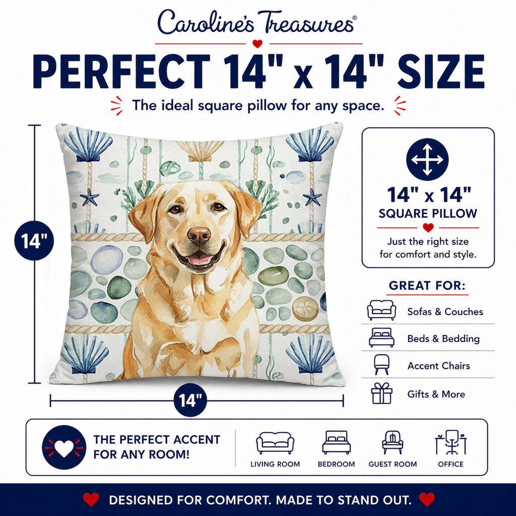 Yellow Labrador Retriever Coastal Sea Glass Decorative Throw Pillow 14x14 Indoor Outdoor Accent Cushion, Fabric Cover with Insert for Sofa, Bed, Porch & Living Room