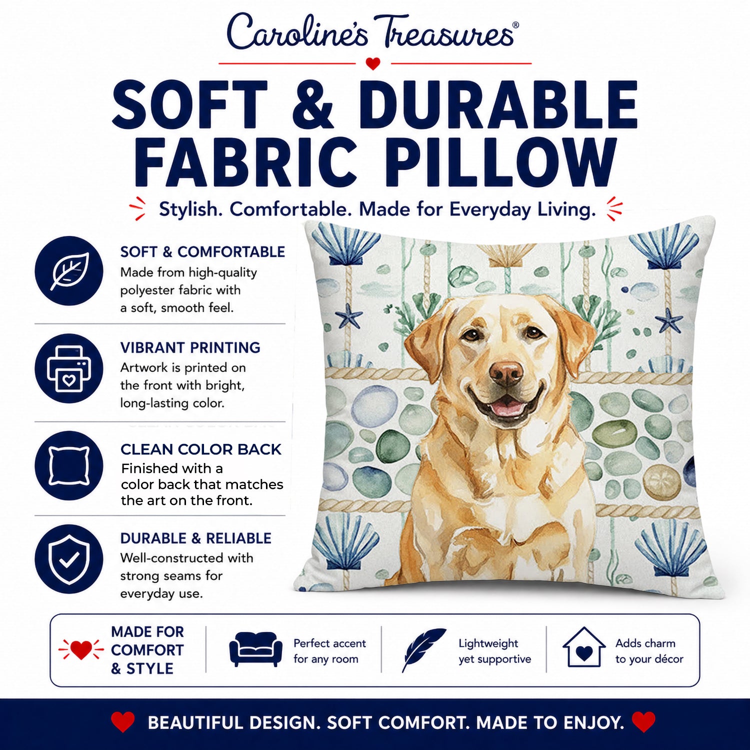 Yellow Labrador Retriever Coastal Sea Glass Decorative Throw Pillow 18x18 Indoor Outdoor Accent Cushion, Fabric Cover with Insert for Sofa, Bed, Porch & Living Room