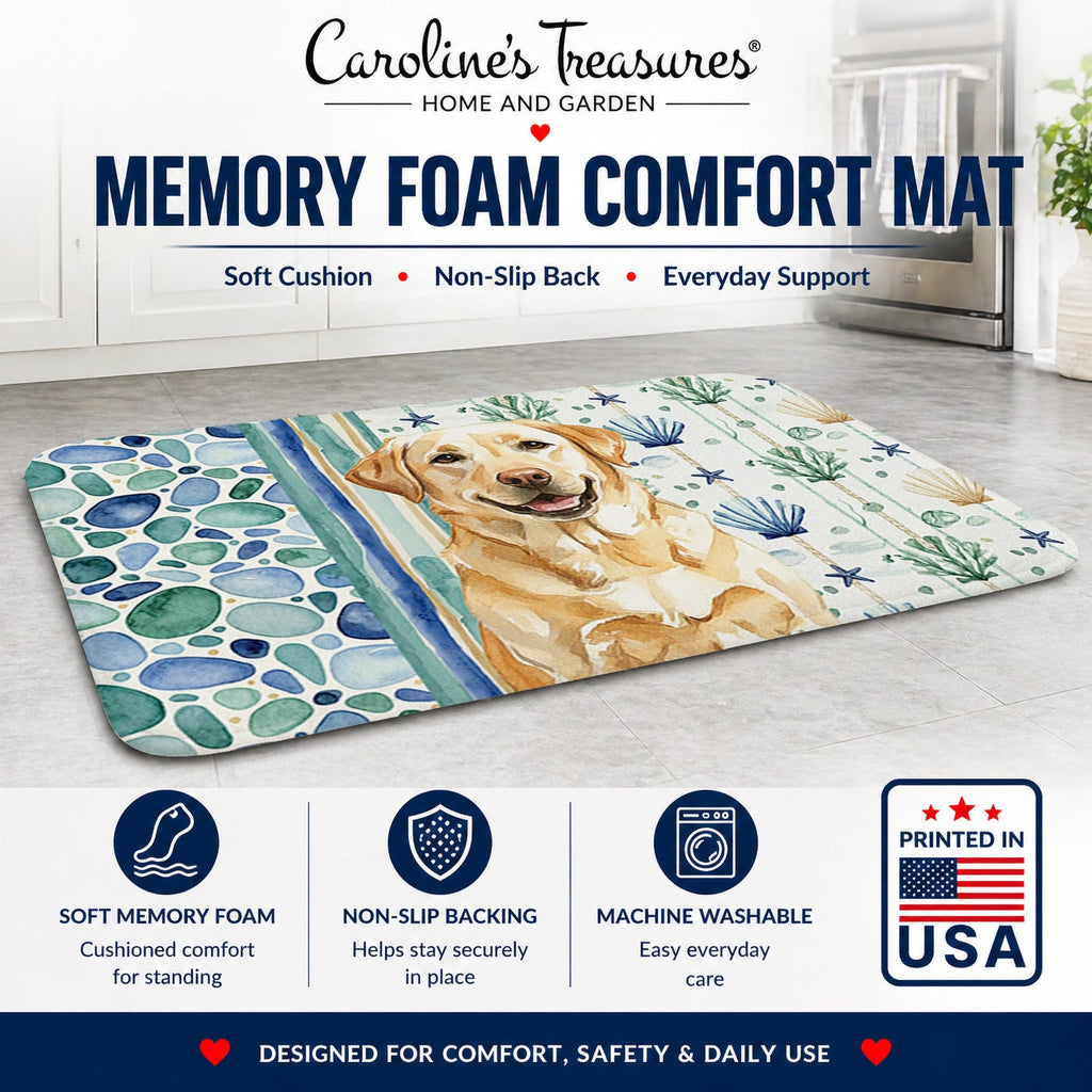 Yellow Labrador Retriever Coastal Sea Glass Memory Foam Kitchen Mat Machine Washable Anti-Fatigue Cushion Comfort Bath or Kitchen Rug