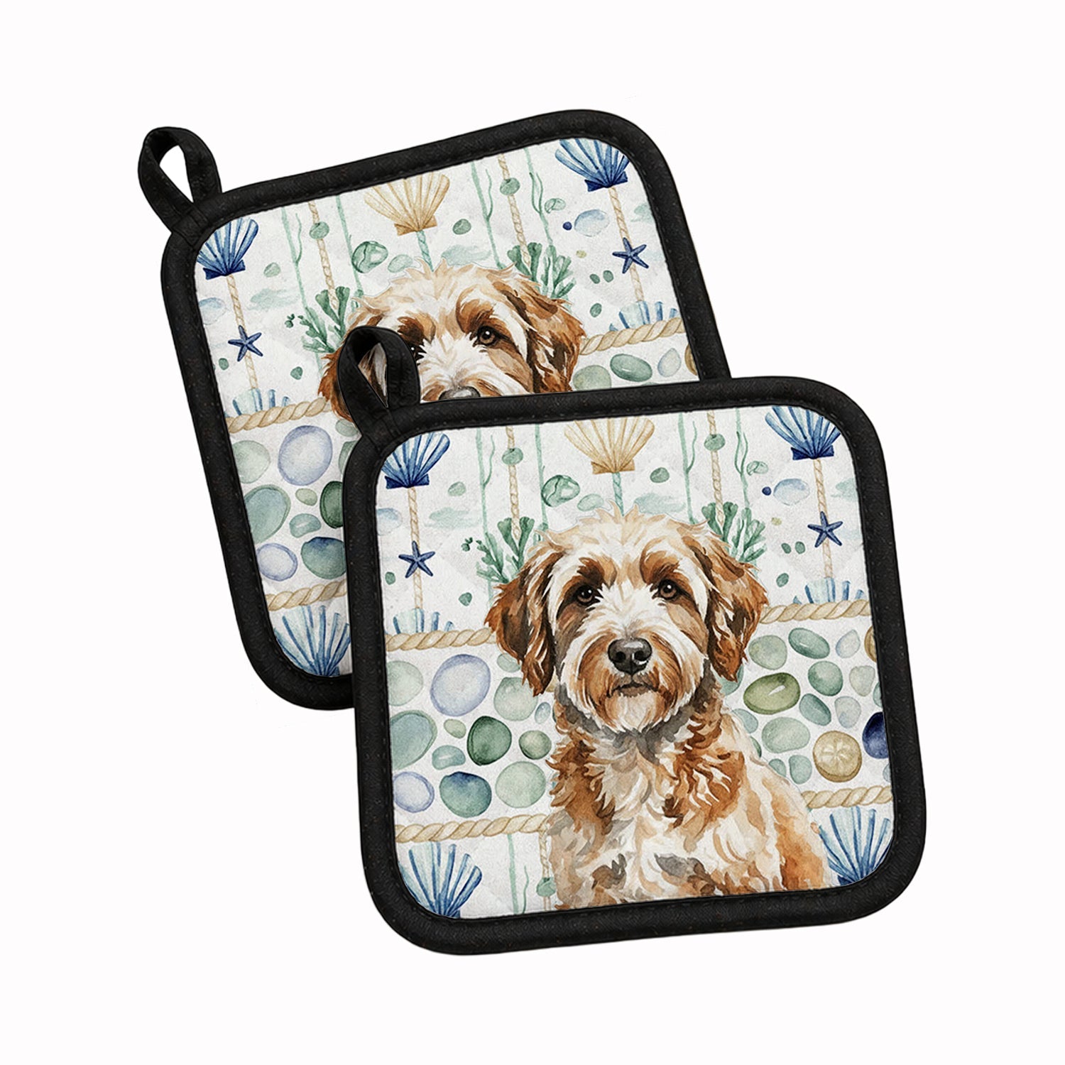 Lagotto Romagnolo Coastal Sea Glass Pot Holder Set of 2 Heat Resistant Quilted Hot Pads 7.5 x 7.5 Inch, Insulated Kitchen Trivets for Cooking & Baking