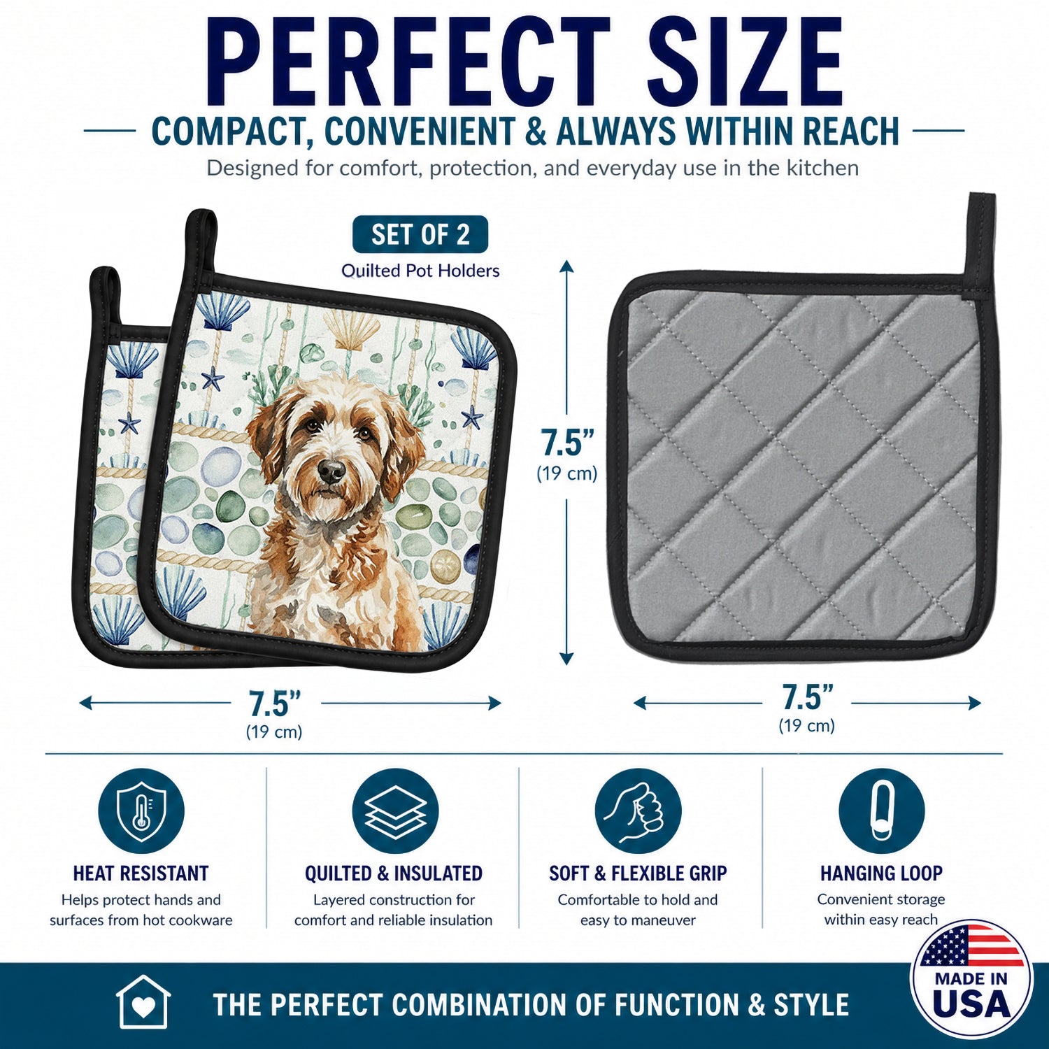 Lagotto Romagnolo Coastal Sea Glass Pot Holder Set of 2 Heat Resistant Quilted Hot Pads 7.5 x 7.5 Inch, Insulated Kitchen Trivets for Cooking & Baking