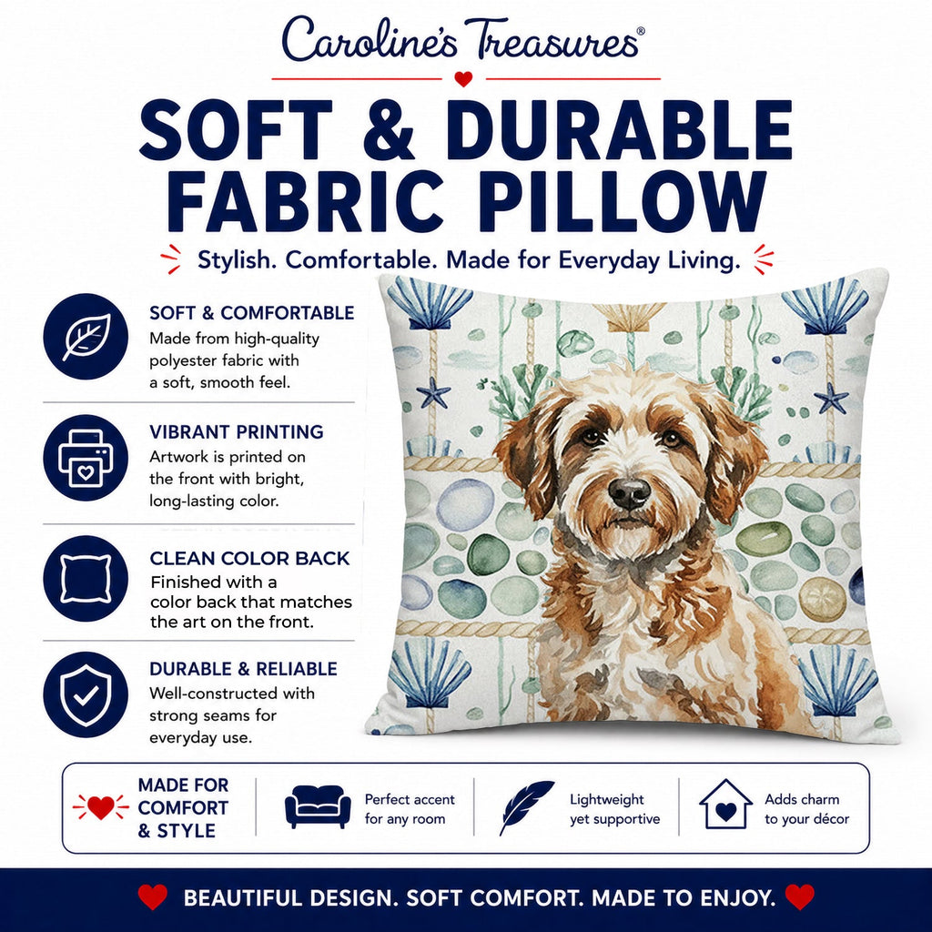 Lagotto Romagnolo Coastal Sea Glass Decorative Throw Pillow 14x14 Indoor Outdoor Accent Cushion, Fabric Cover with Insert for Sofa, Bed, Porch & Living Room