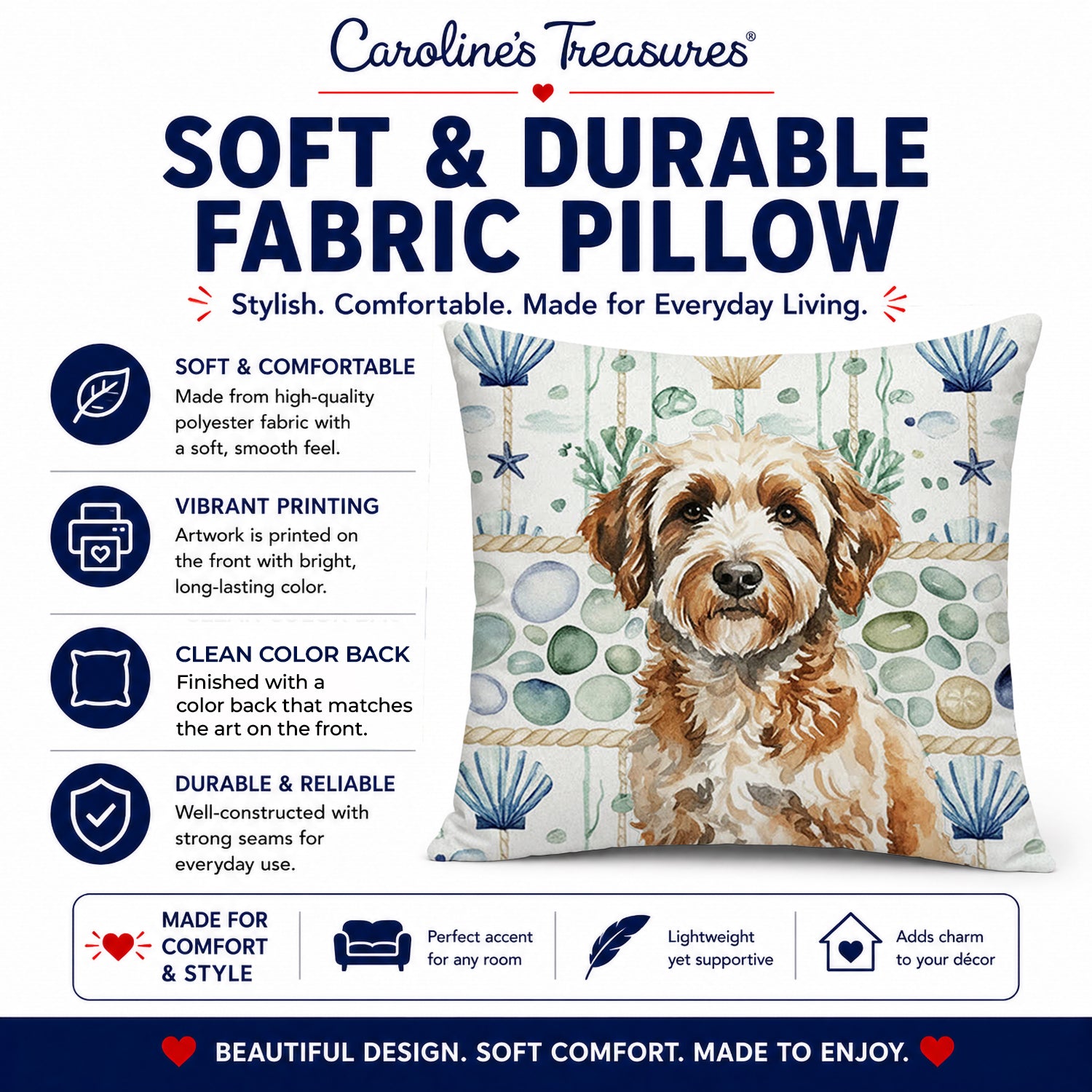 Lagotto Romagnolo Coastal Sea Glass Decorative Throw Pillow 14x14 Indoor Outdoor Accent Cushion, Fabric Cover with Insert for Sofa, Bed, Porch & Living Room