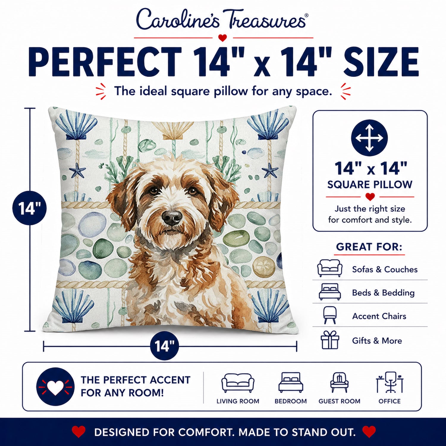 Lagotto Romagnolo Coastal Sea Glass Decorative Throw Pillow 14x14 Indoor Outdoor Accent Cushion, Fabric Cover with Insert for Sofa, Bed, Porch & Living Room