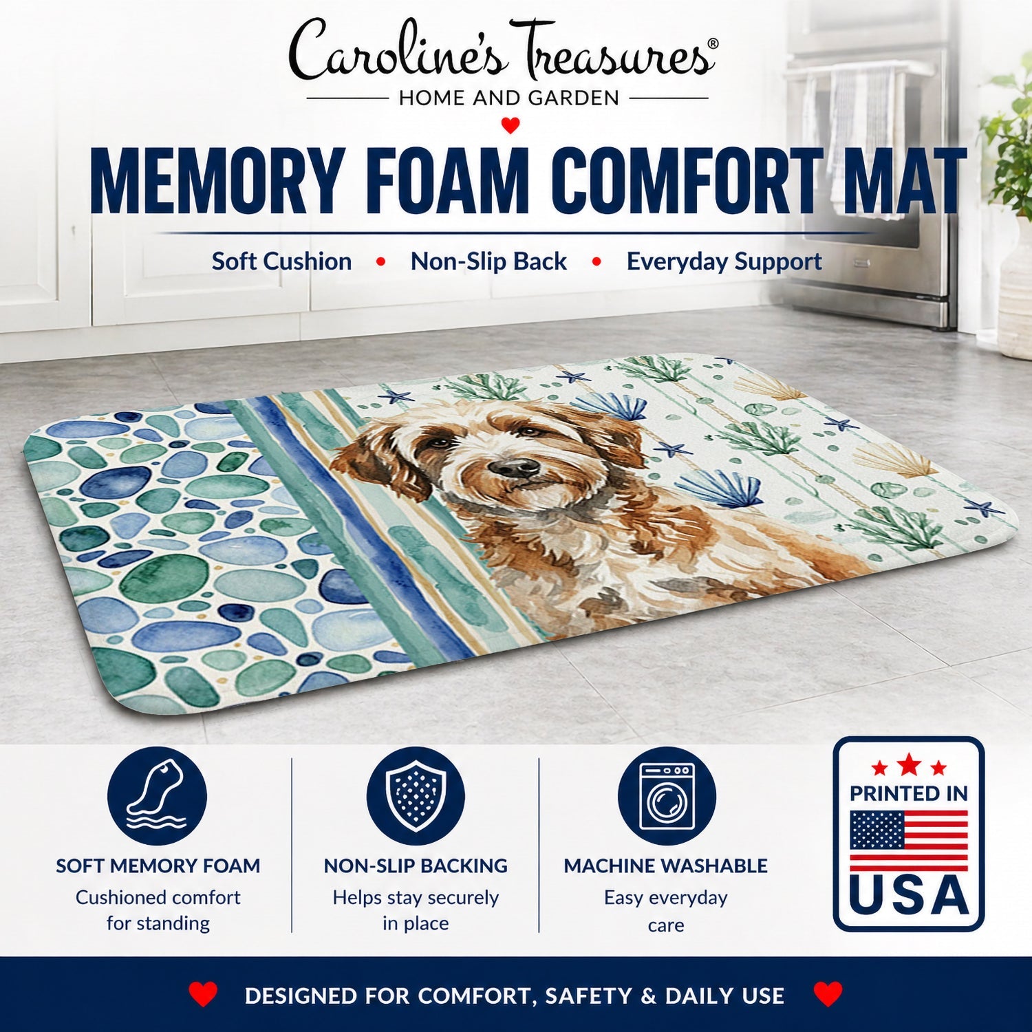 Lagotto Romagnolo Coastal Sea Glass Memory Foam Kitchen Mat Machine Washable Anti-Fatigue Cushion Comfort Bath or Kitchen Rug