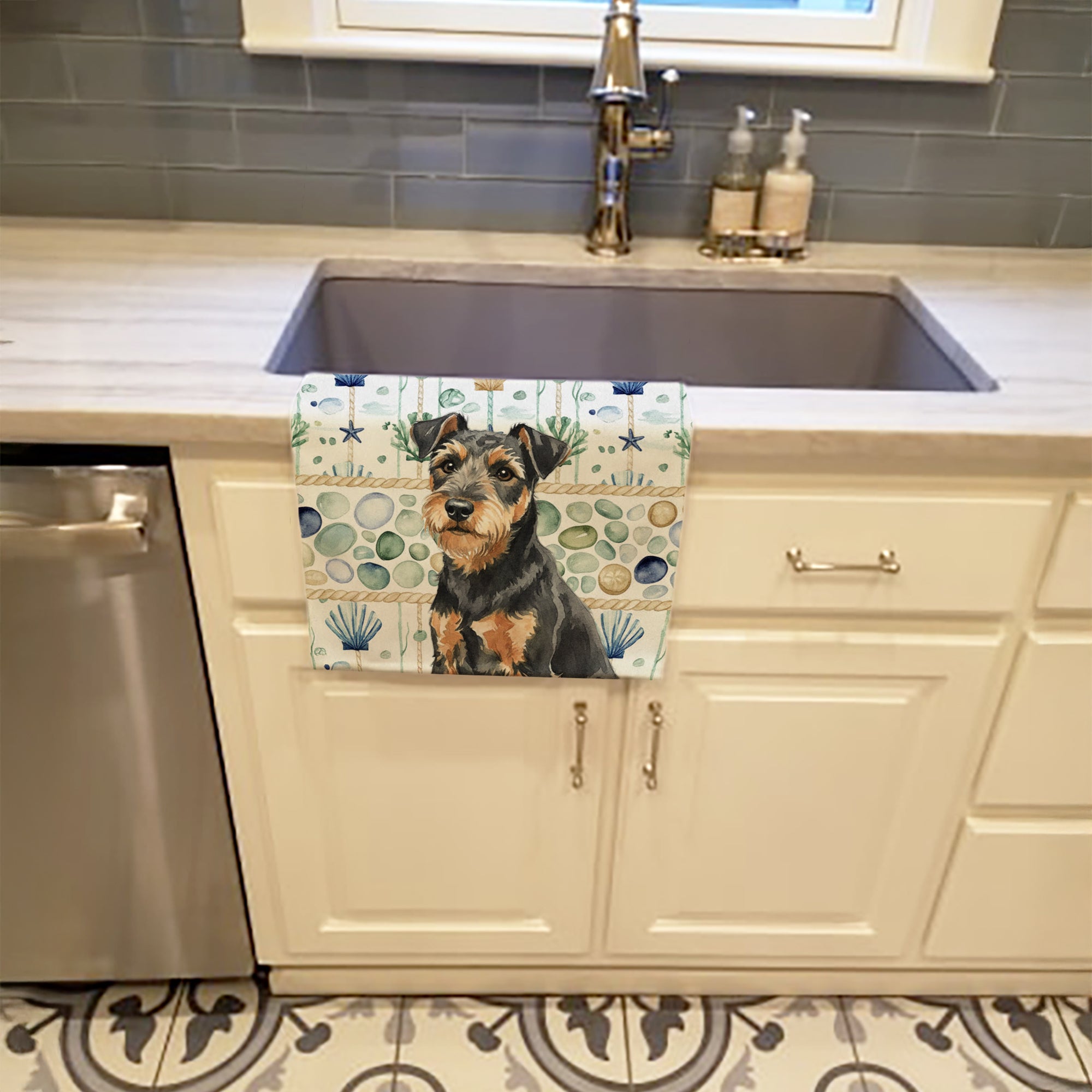 Black and Tan Lakeland Terrier Coastal Sea Glass Kitchen Towel Velour Plush Front and Cotton Loop Back Machine Washable
