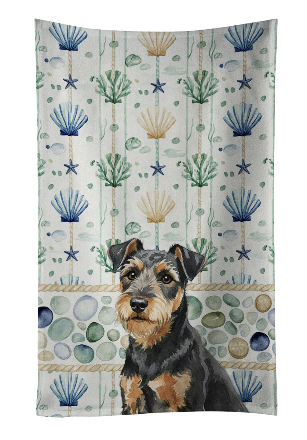 Black and Tan Lakeland Terrier Coastal Sea Glass Kitchen Towel Velour Plush Front and Cotton Loop Back Machine Washable