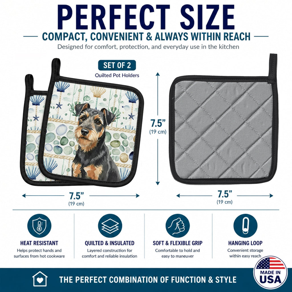 Black and Tan Lakeland Terrier Coastal Sea Glass Pot Holder Set of 2 Heat Resistant Quilted Hot Pads 7.5 x 7.5 Inch, Insulated Kitchen Trivets for Cooking & Baking