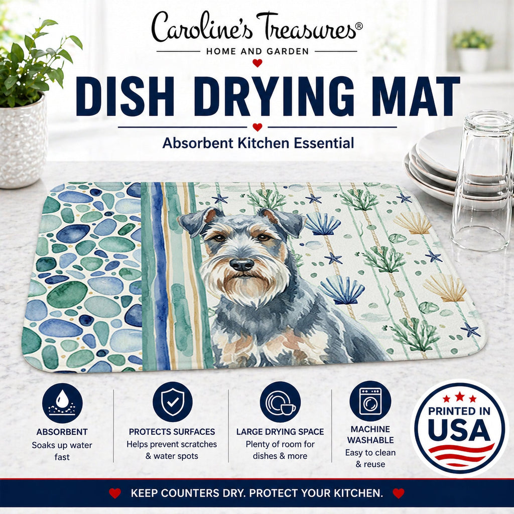 Blue Lakeland Terrier Coastal Sea Glass Dish Drying Mat Absorbent Dish Drying Mat Pad for Kitchen Counter Dish Drainer Mat for Countertop, 14 x 21", Multicolor