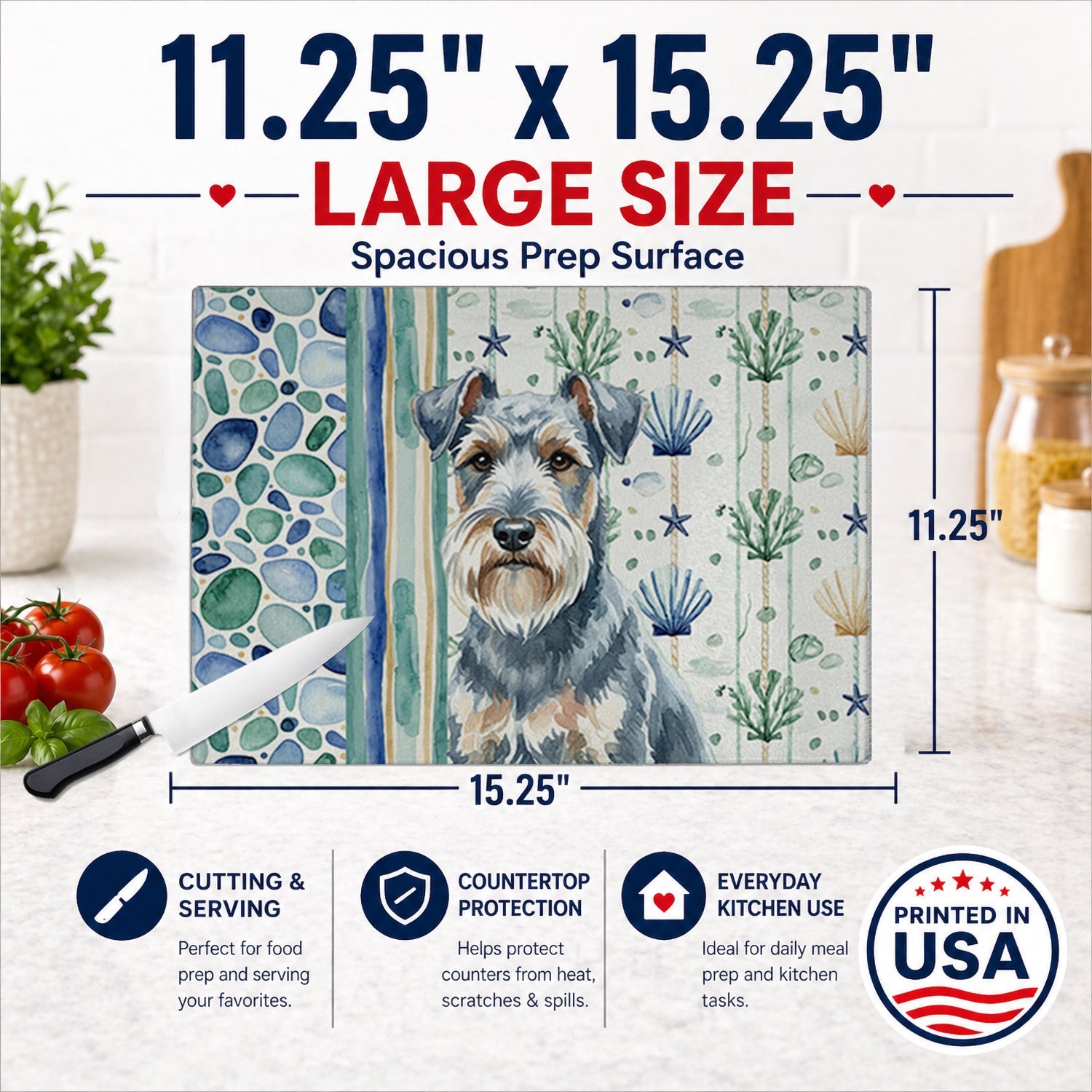 Blue Lakeland Terrier Coastal Sea Glass Cutting Board Tempered Glass Kitchen Cutting Surface, Heat Resistant Chopping, Non-Slip Feet, Food Prep & Serving