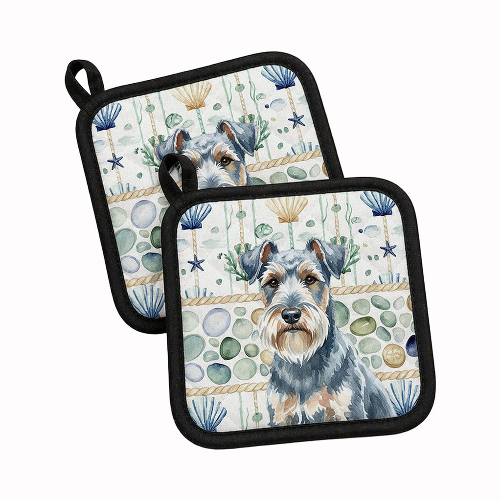 Blue Lakeland Terrier Coastal Sea Glass Pot Holder Set of 2 Heat Resistant Quilted Hot Pads 7.5 x 7.5 Inch, Insulated Kitchen Trivets for Cooking & Baking