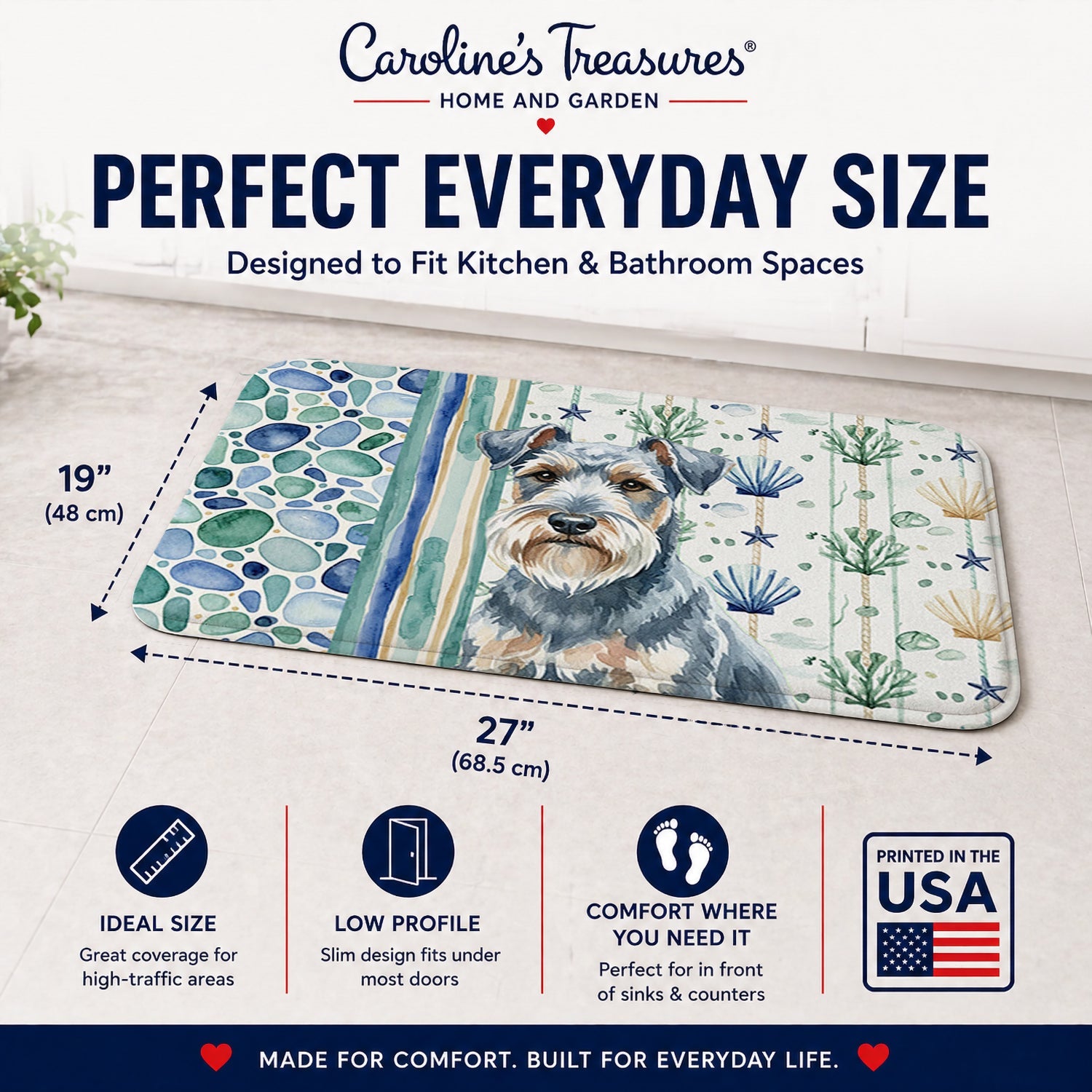 Blue Lakeland Terrier Coastal Sea Glass Memory Foam Kitchen Mat Machine Washable Anti-Fatigue Cushion Comfort Bath or Kitchen Rug