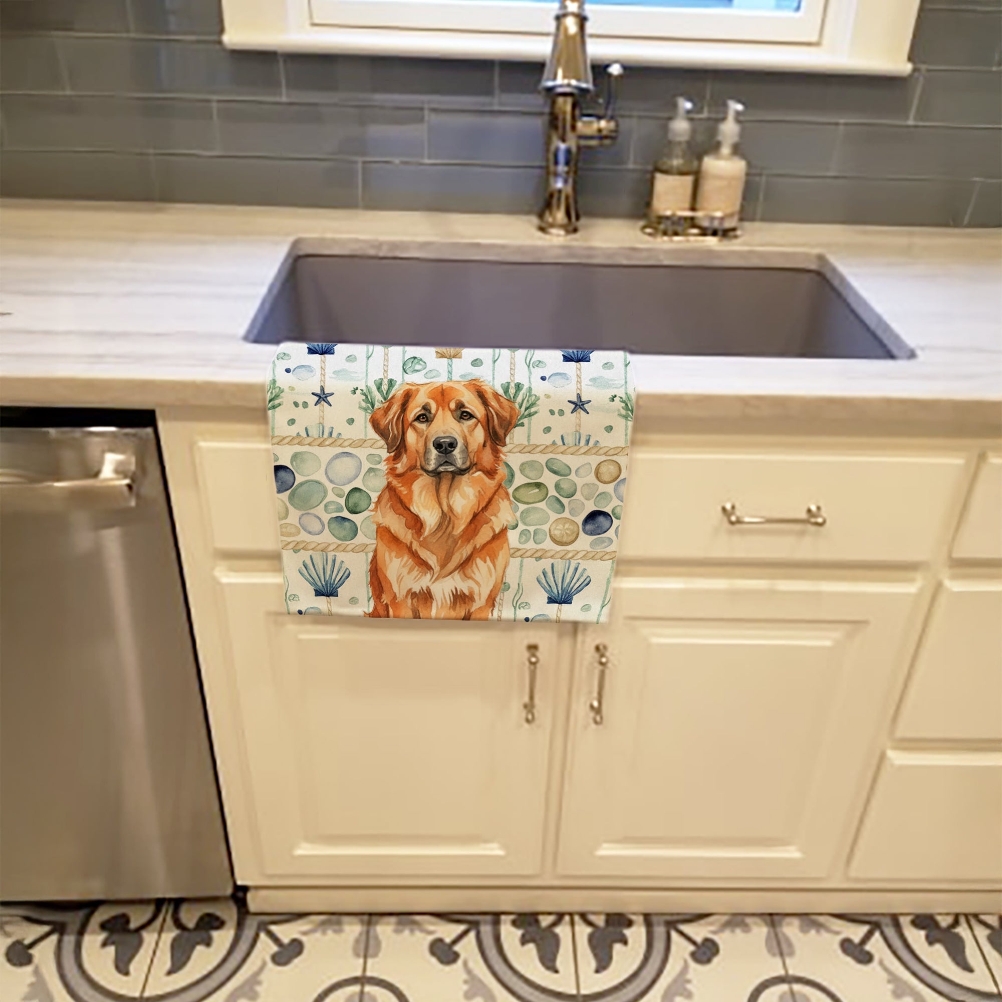 Red Leonberger Coastal Sea Glass Kitchen Towel Velour Plush Front and Cotton Loop Back Machine Washable