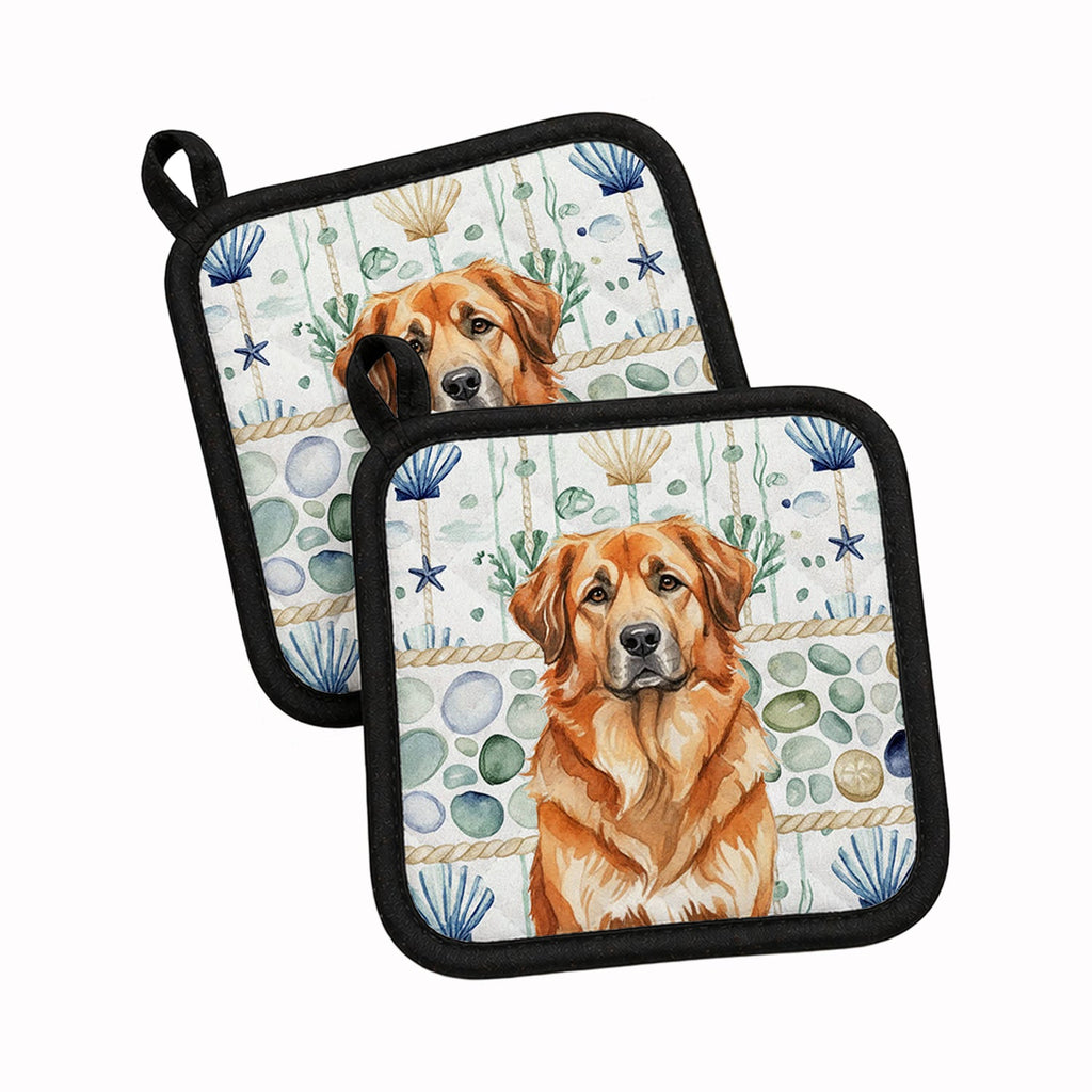 Red Leonberger Coastal Sea Glass Pot Holder Set of 2 Heat Resistant Quilted Hot Pads 7.5 x 7.5 Inch, Insulated Kitchen Trivets for Cooking & Baking
