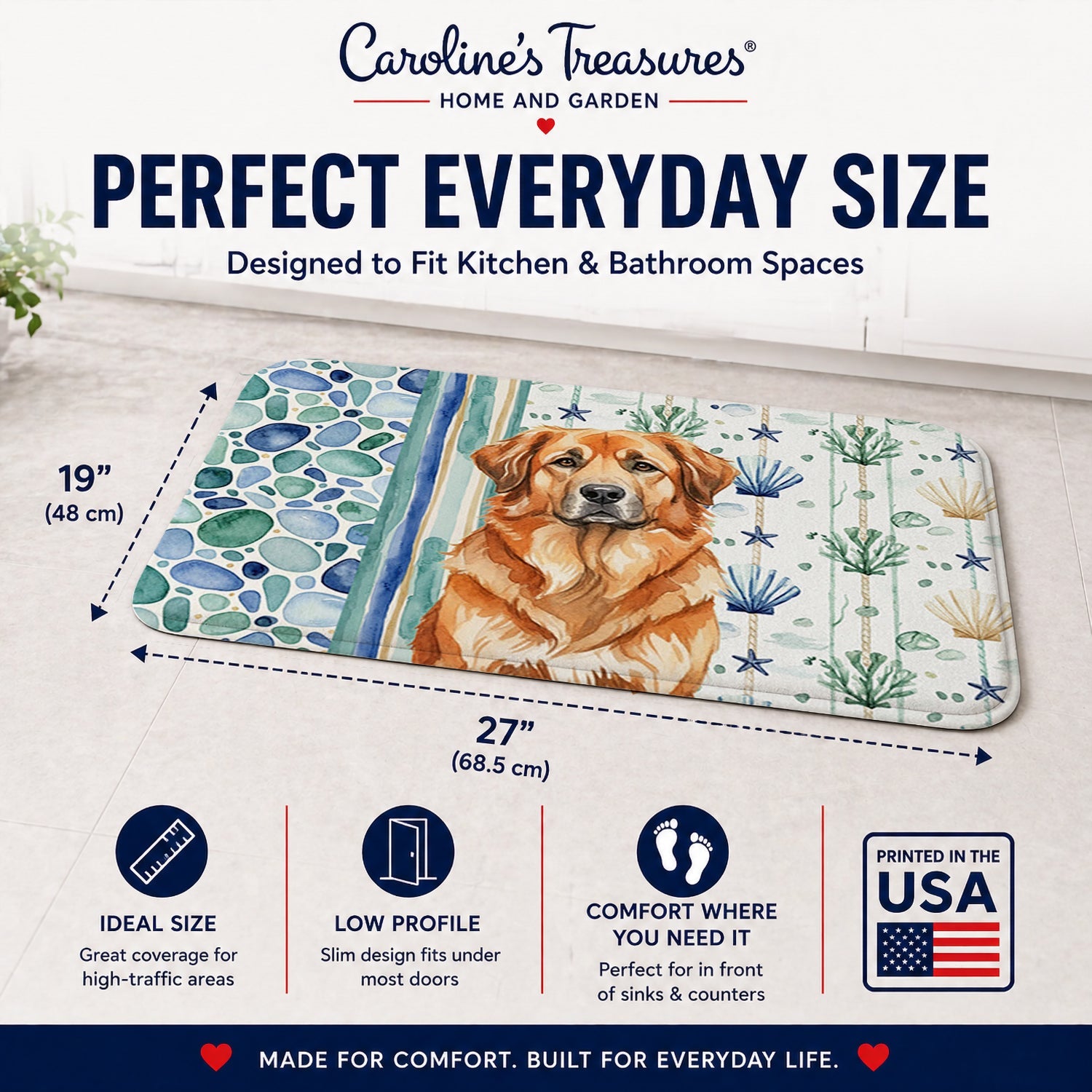 Red Leonberger Coastal Sea Glass Memory Foam Kitchen Mat Machine Washable Anti-Fatigue Cushion Comfort Bath or Kitchen Rug