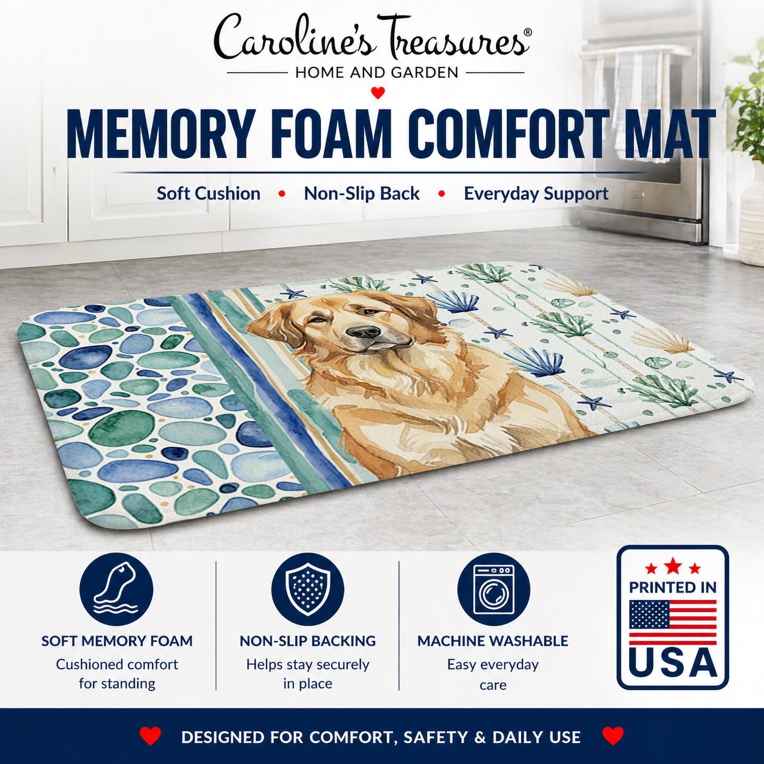 Sandy Leonberger Coastal Sea Glass Memory Foam Kitchen Mat Machine Washable Anti-Fatigue Cushion Comfort Bath or Kitchen Rug