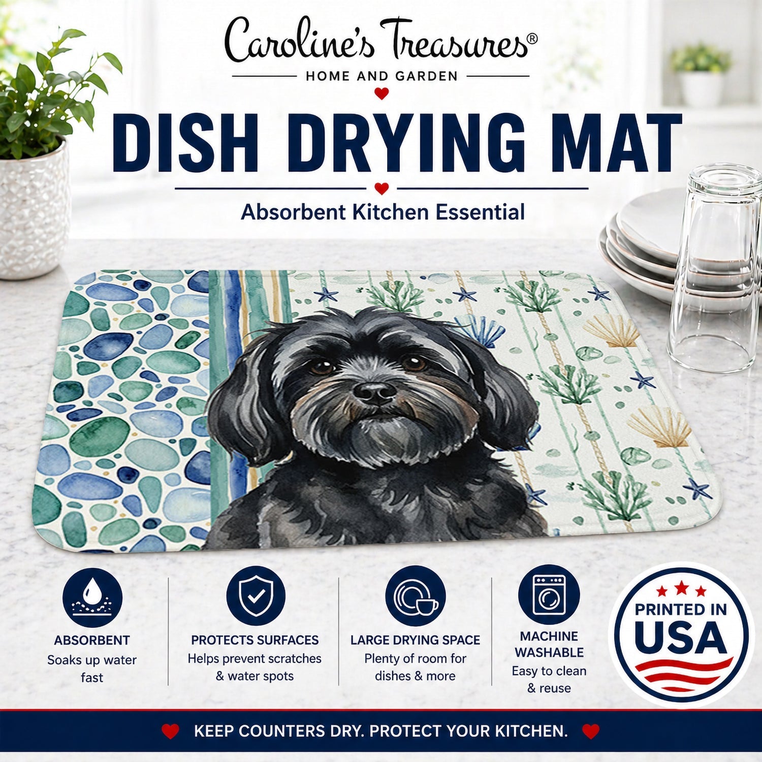 Black Lhasa Apso Coastal Sea Glass Dish Drying Mat Absorbent Dish Drying Mat Pad for Kitchen Counter Dish Drainer Mat for Countertop, 14 x 21", Multicolor