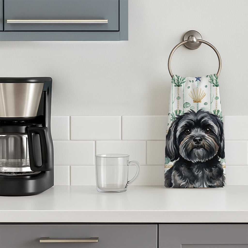 Black Lhasa Apso Coastal Sea Glass Kitchen Towel Velour Plush Front and Cotton Loop Back Machine Washable