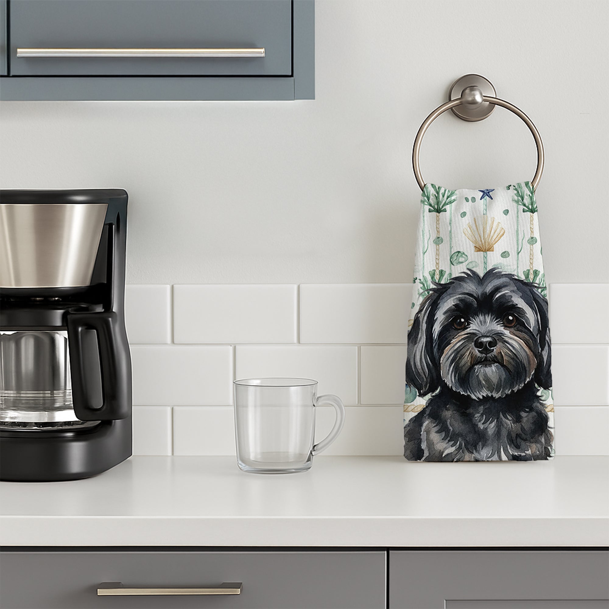 Black Lhasa Apso Coastal Sea Glass Kitchen Towel Velour Plush Front and Cotton Loop Back Machine Washable