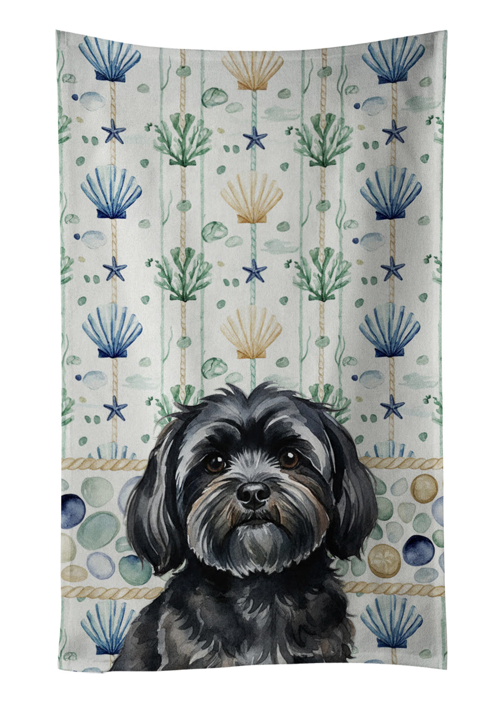 Black Lhasa Apso Coastal Sea Glass Kitchen Towel Velour Plush Front and Cotton Loop Back Machine Washable