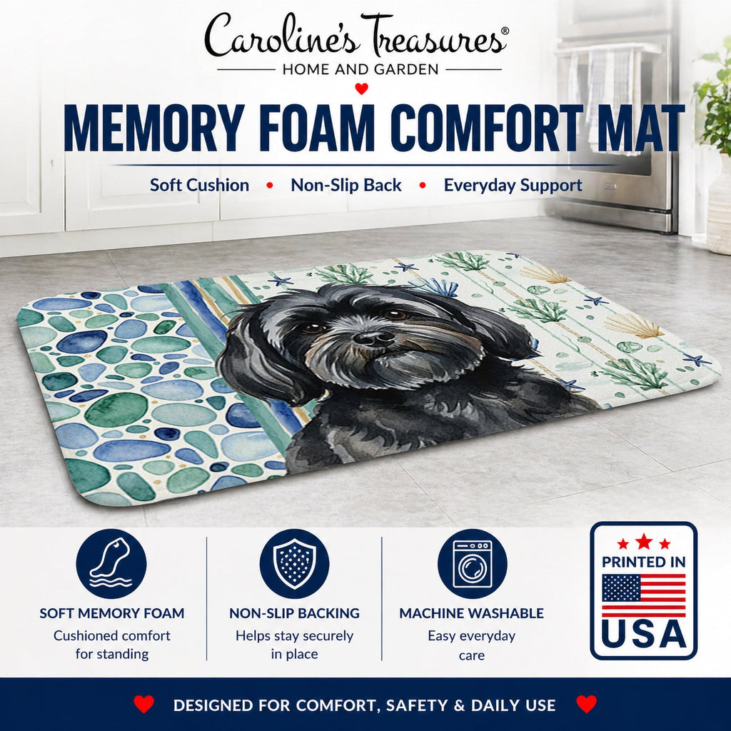 Black Lhasa Apso Coastal Sea Glass Memory Foam Kitchen Mat Machine Washable Anti-Fatigue Cushion Comfort Bath or Kitchen Rug