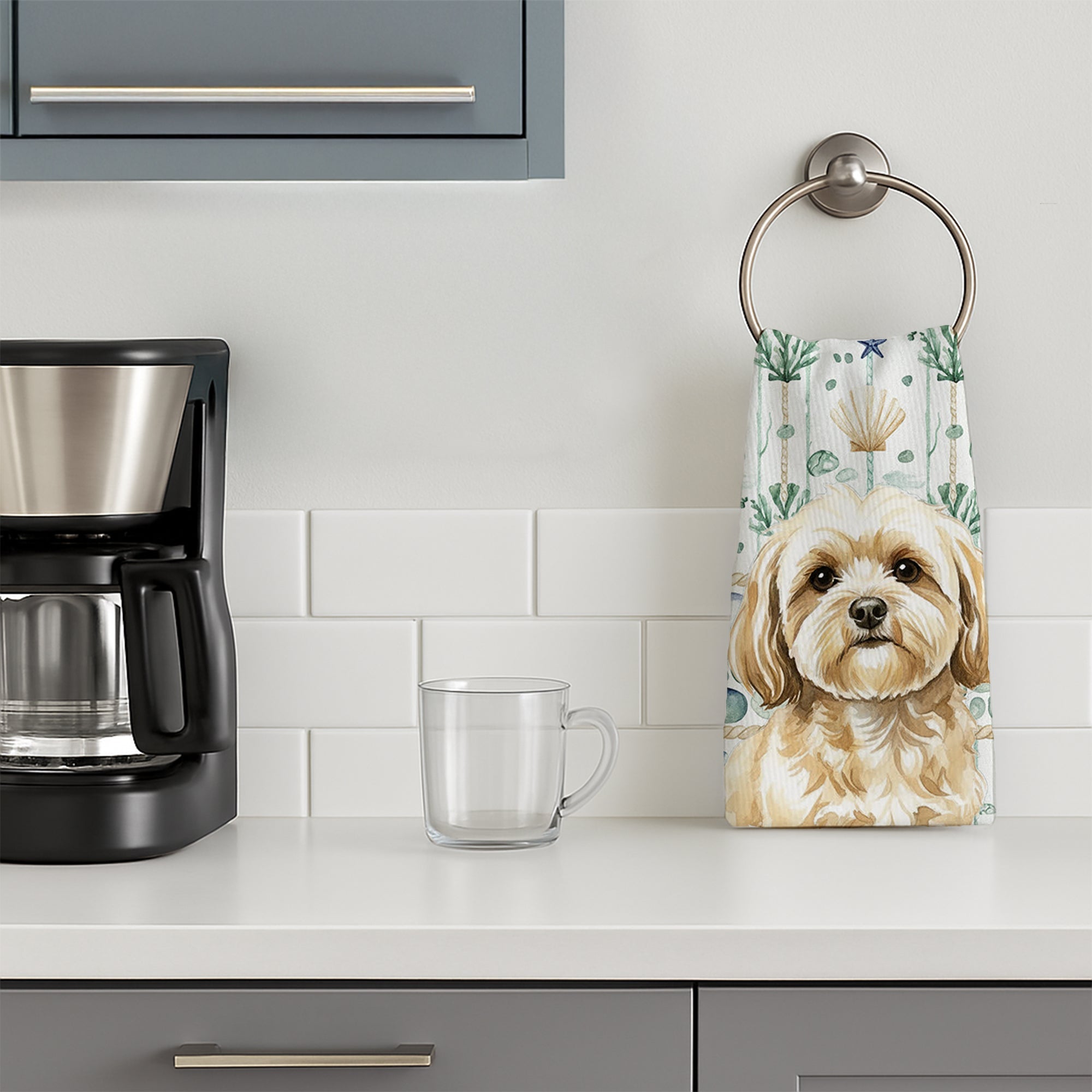 Cream Lhasa Apso Coastal Sea Glass Kitchen Towel Velour Plush Front and Cotton Loop Back Machine Washable
